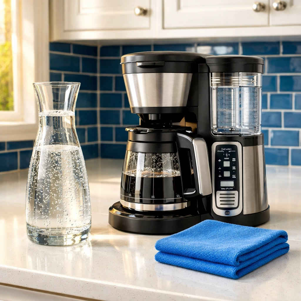 A drip coffee maker and glass carafe next to a blue cleaning cloth on a kitchen counter.