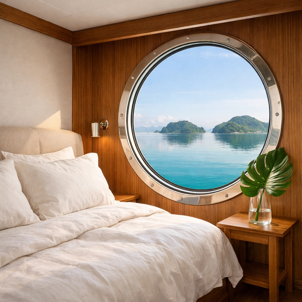 Luxury yacht suite in Indonesia with teak accents and a serene ocean view through a cabin porthole.