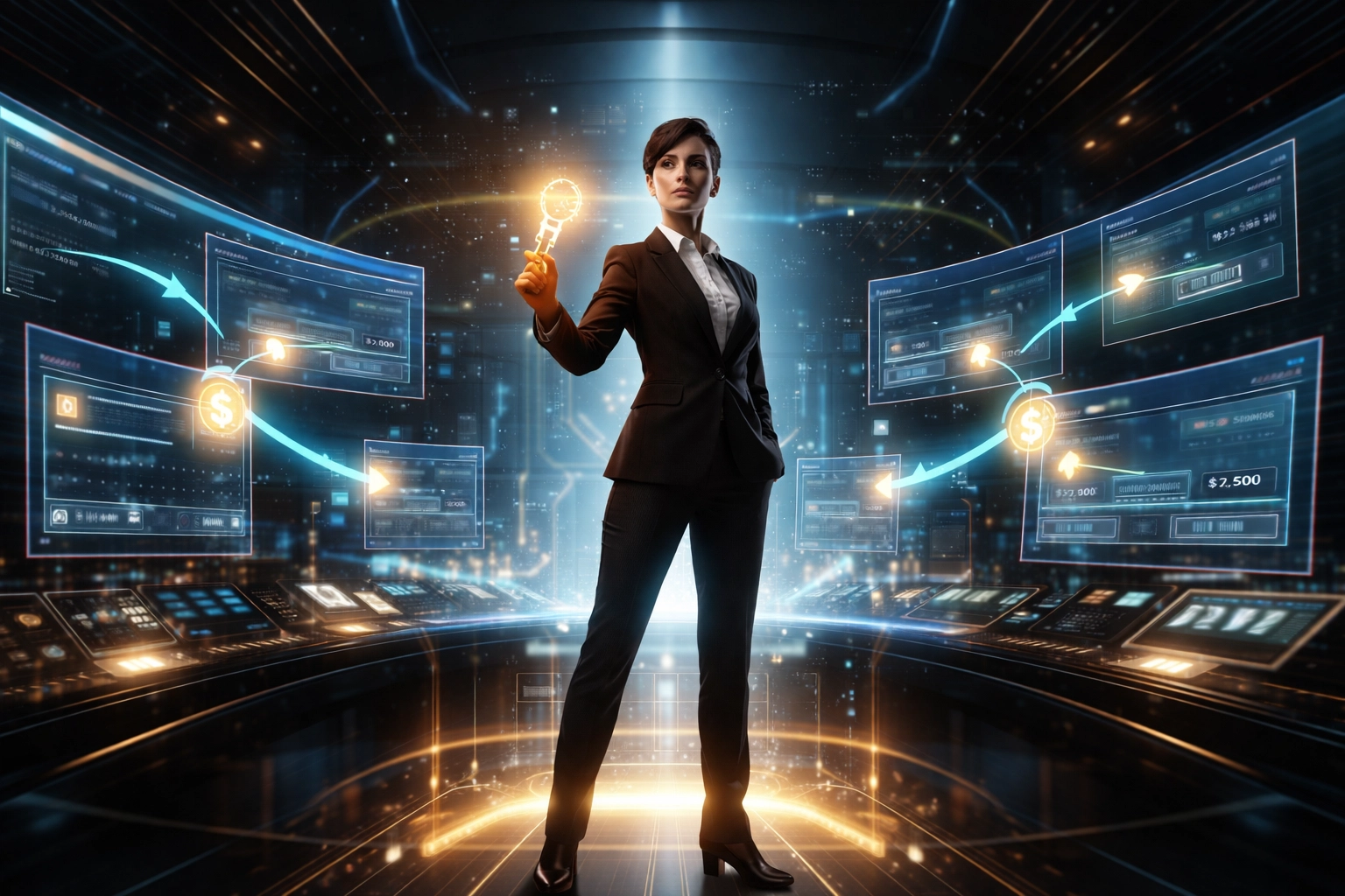 A businessperson holds a golden key in a futuristic control room, symbolizing financial sovereignty in Web3 crypto payments