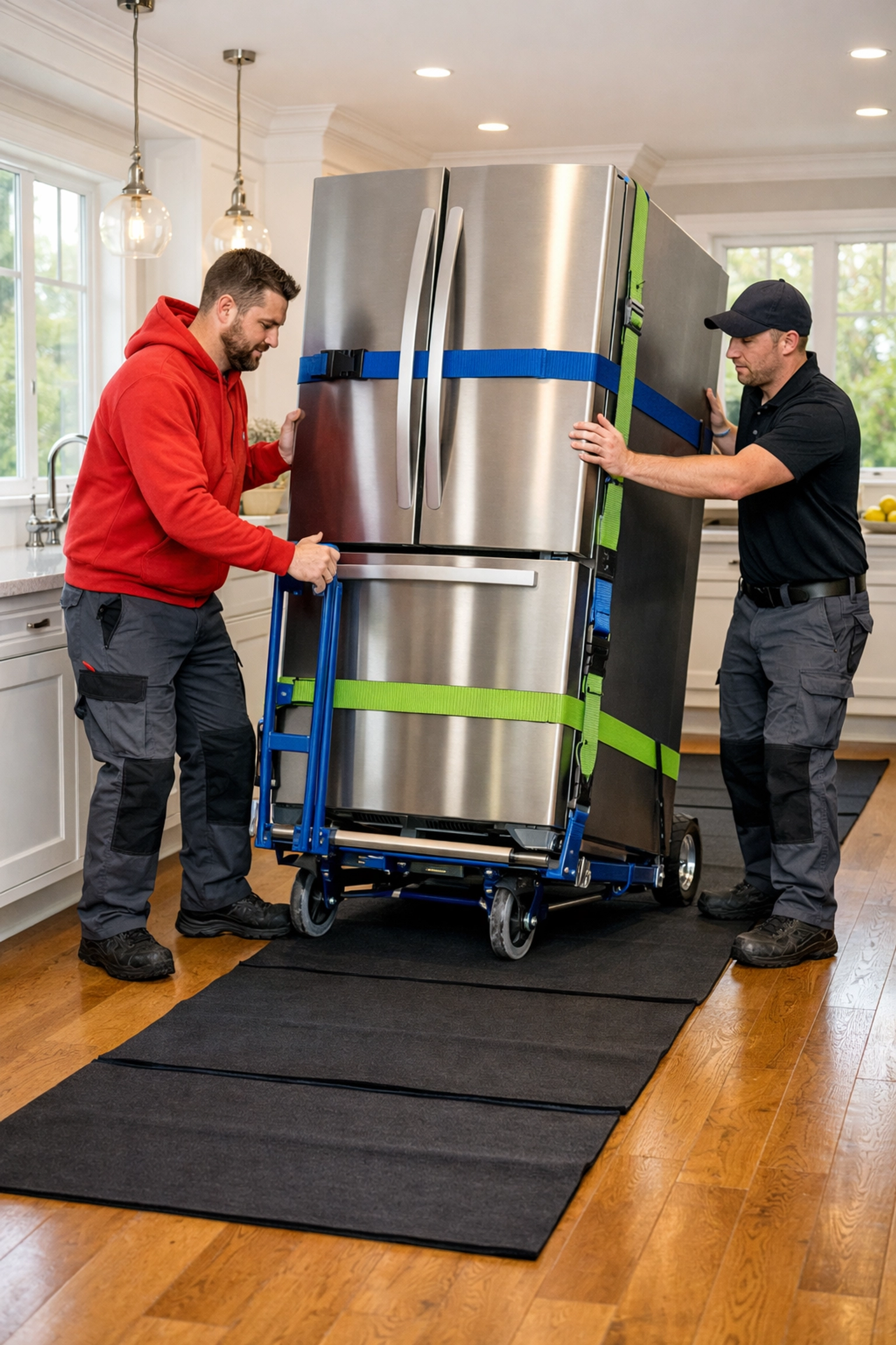 Safe appliance removal Innisfil: Junk GTA team carefully moves a refrigerator using professional dollies and floor runners.