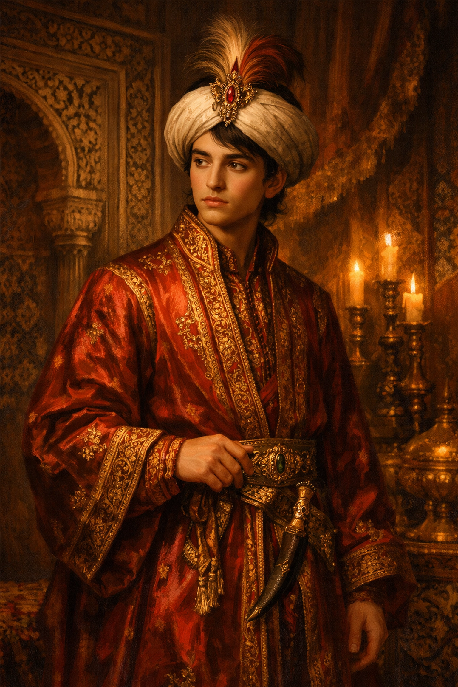 Young Ottoman palace page in silk robes standing in ornate chamber with Islamic patterns