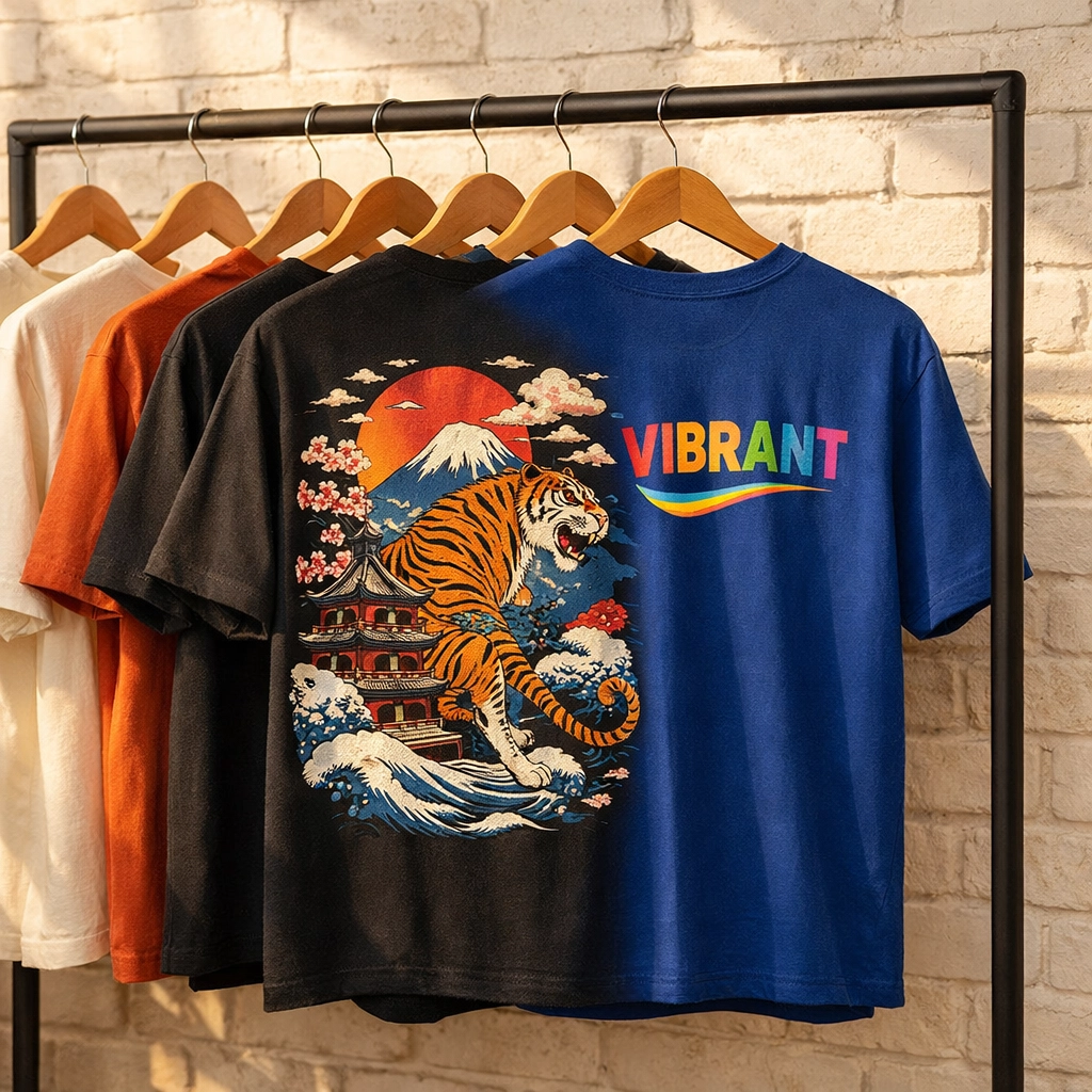 Finished custom printed t shirts featuring vibrant DTF transfers hanging on a professional clothing rack.