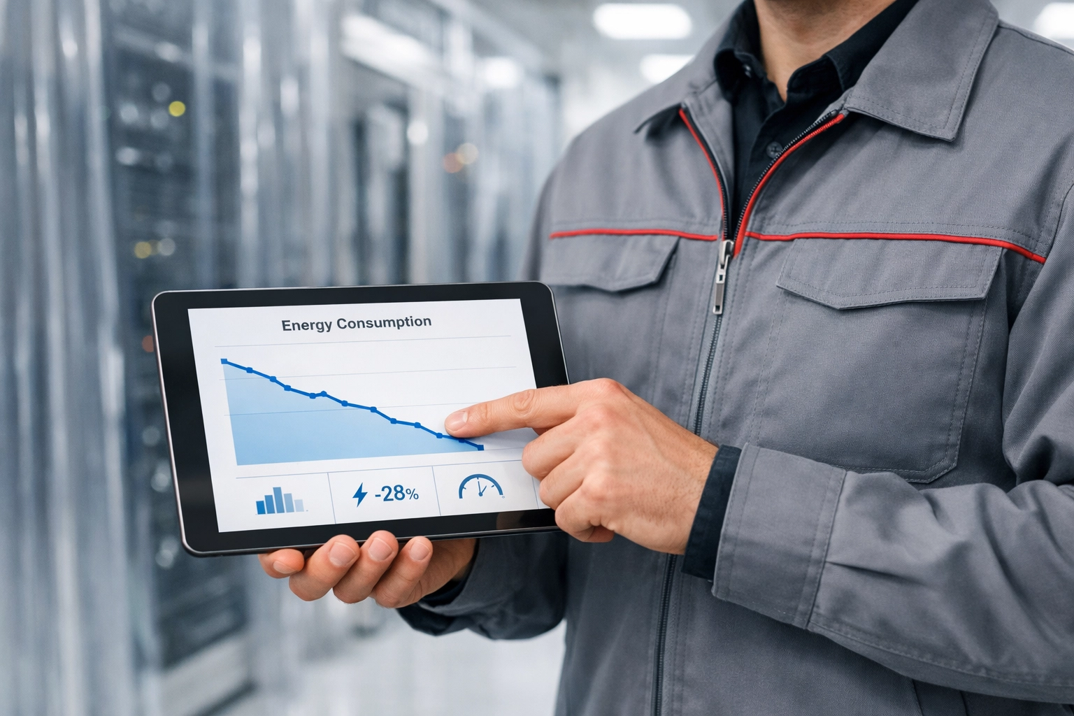 IT manager reviewing energy efficiency data from data centre cooling curtains and airflow management systems.