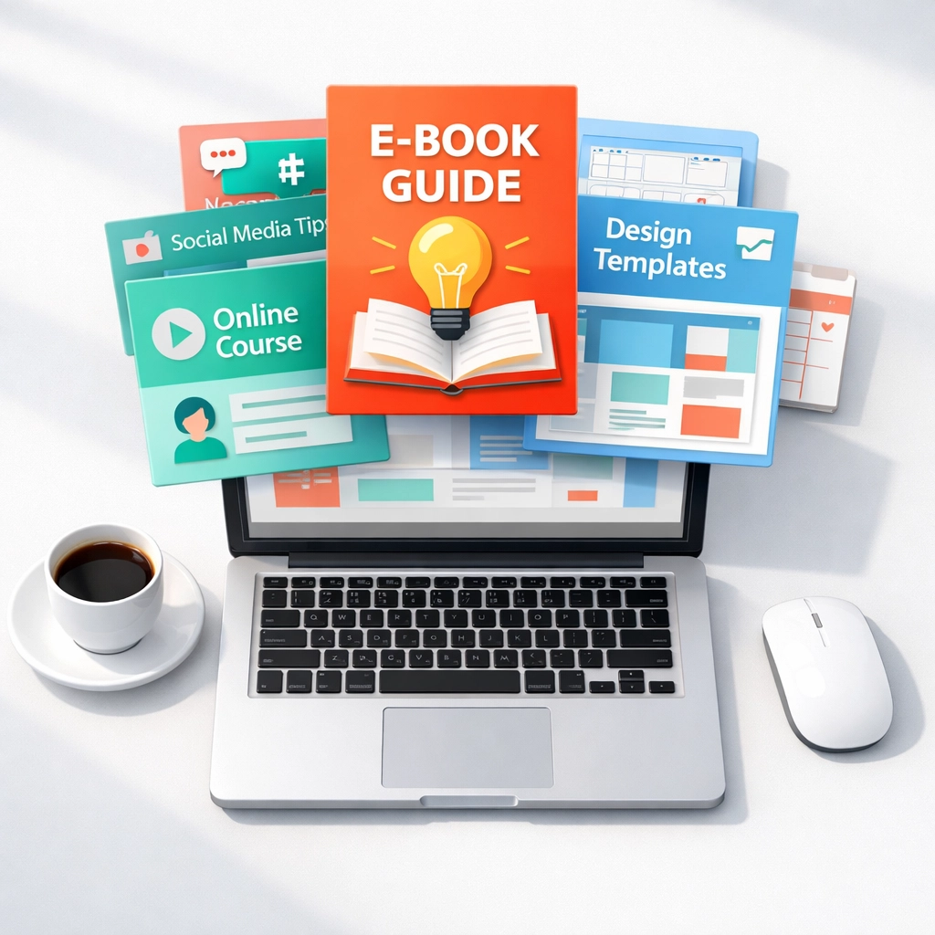 Laptop workspace displaying various digital products including ebooks, online courses, and templates