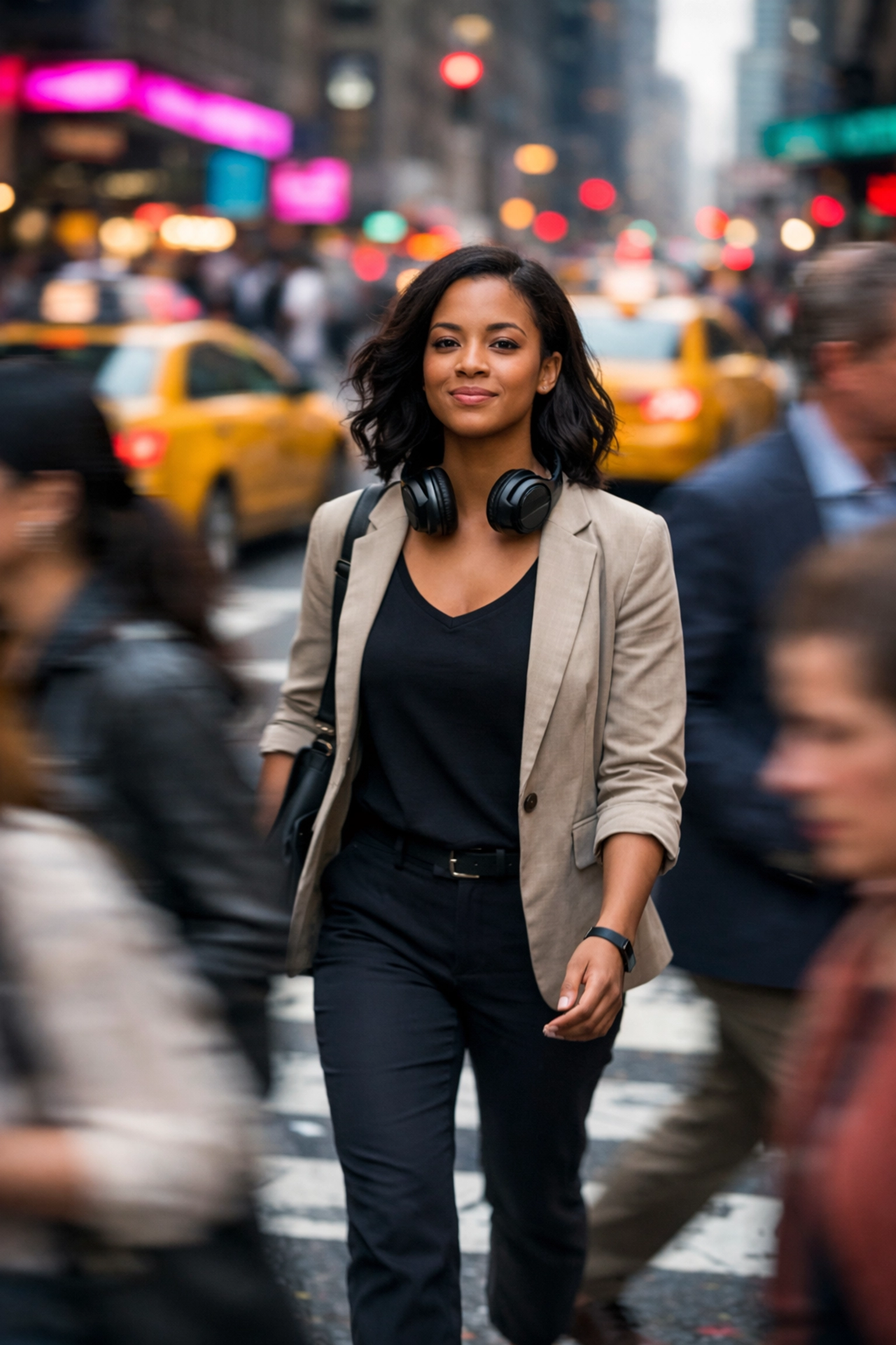 Woman practicing mindful walking through busy city crosswalk during rush hour