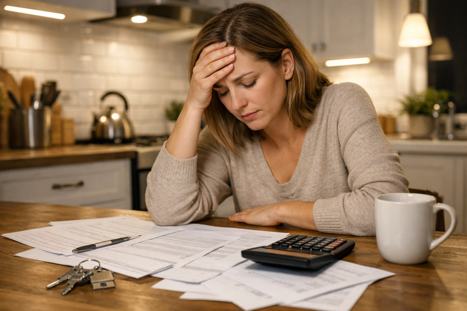 Stressed landlord managing property paperwork late at night at kitchen table