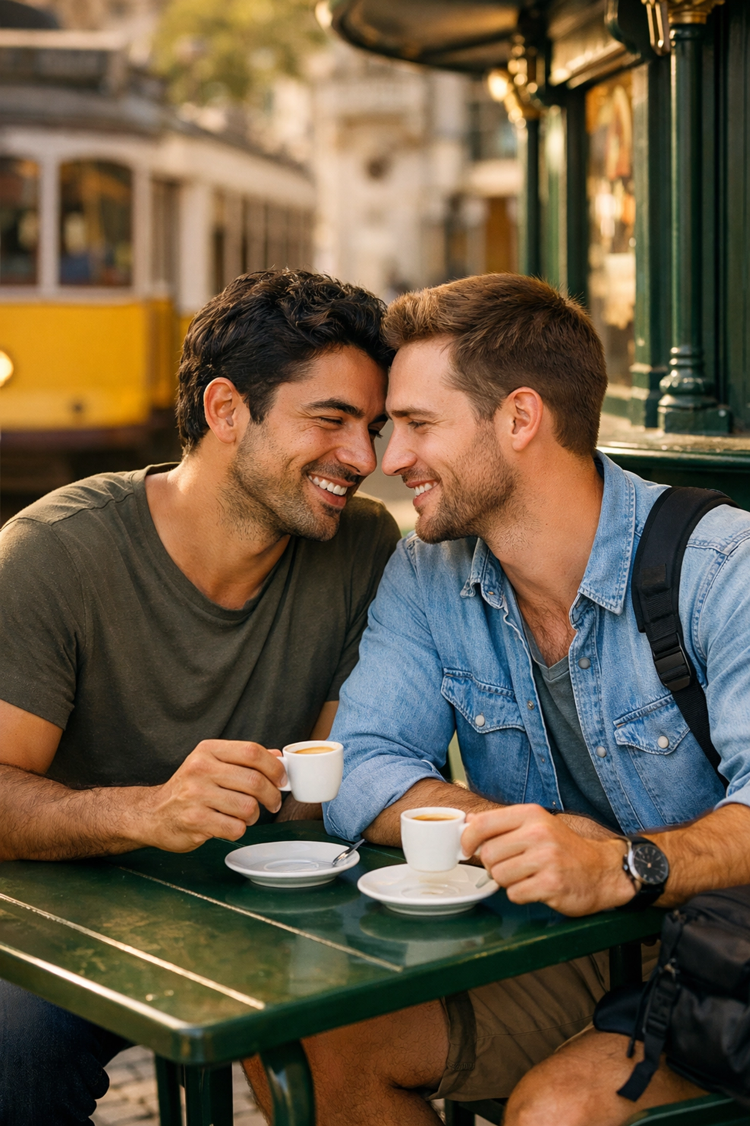 A gay couple sharing a casual coffee date at a Lisbon kiosk, a classic setting for slow burn MM romance books.