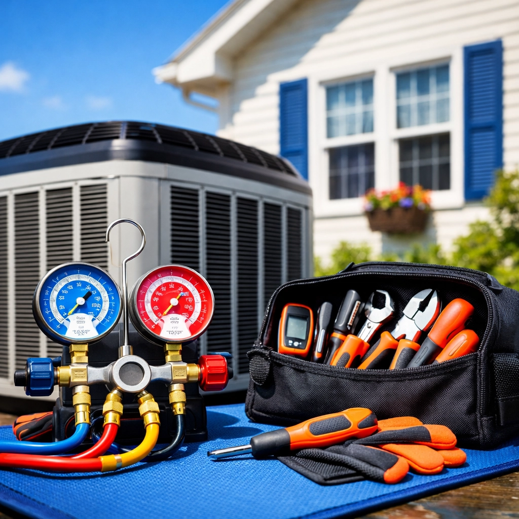 Close-up of air conditioning repair tools and gauges next to an outdoor AC unit for summer service.