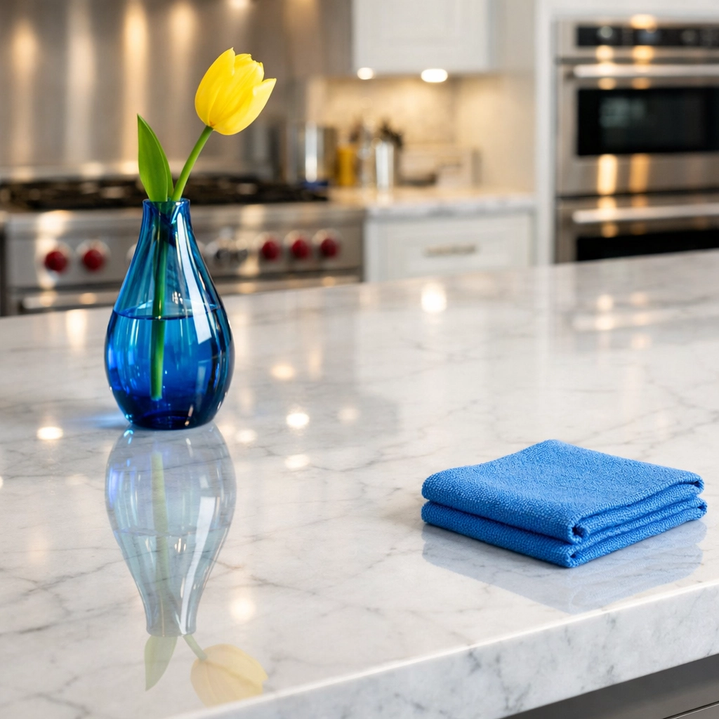 Pristine marble kitchen island reflecting a professional Last Minute Cleaning Boston visit for a healthy home.