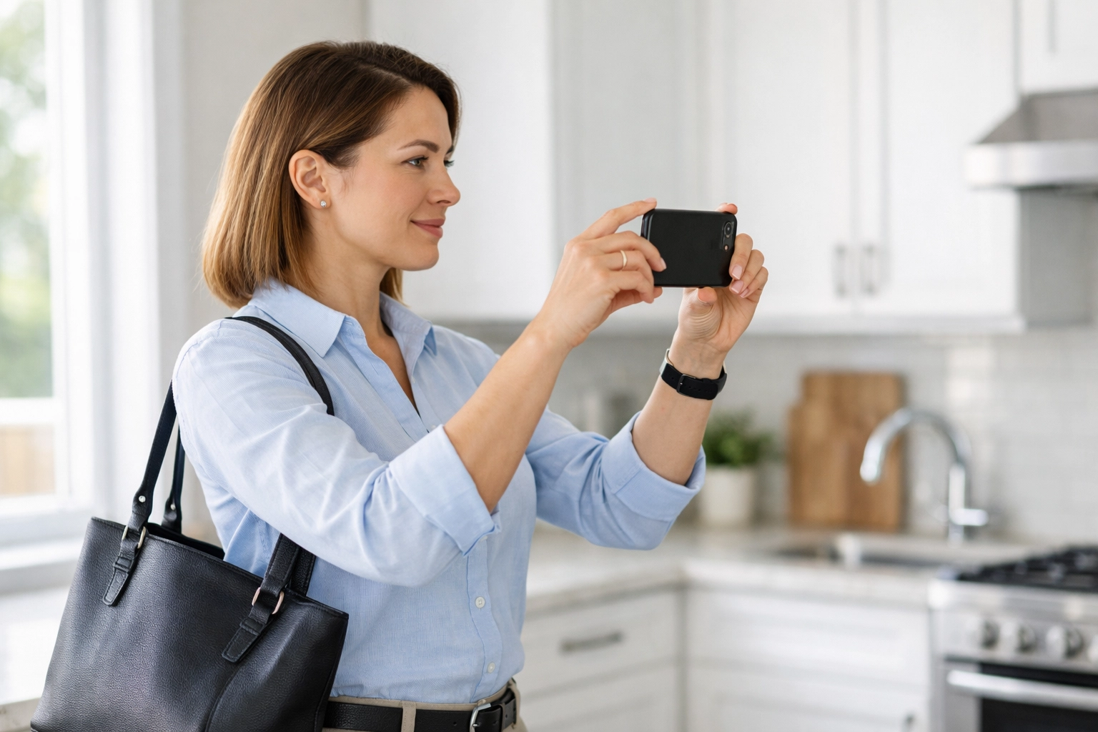 Property manager documenting completed apartment turnover with smartphone camera
