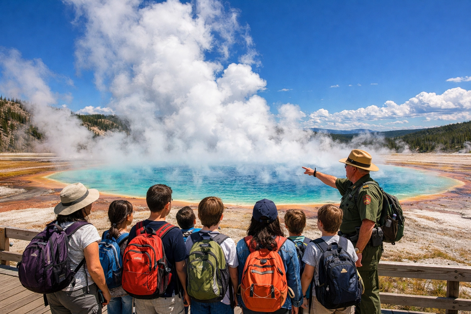 Students learning about geysers from a ranger on a Yellowstone Conservation Student Trip.
