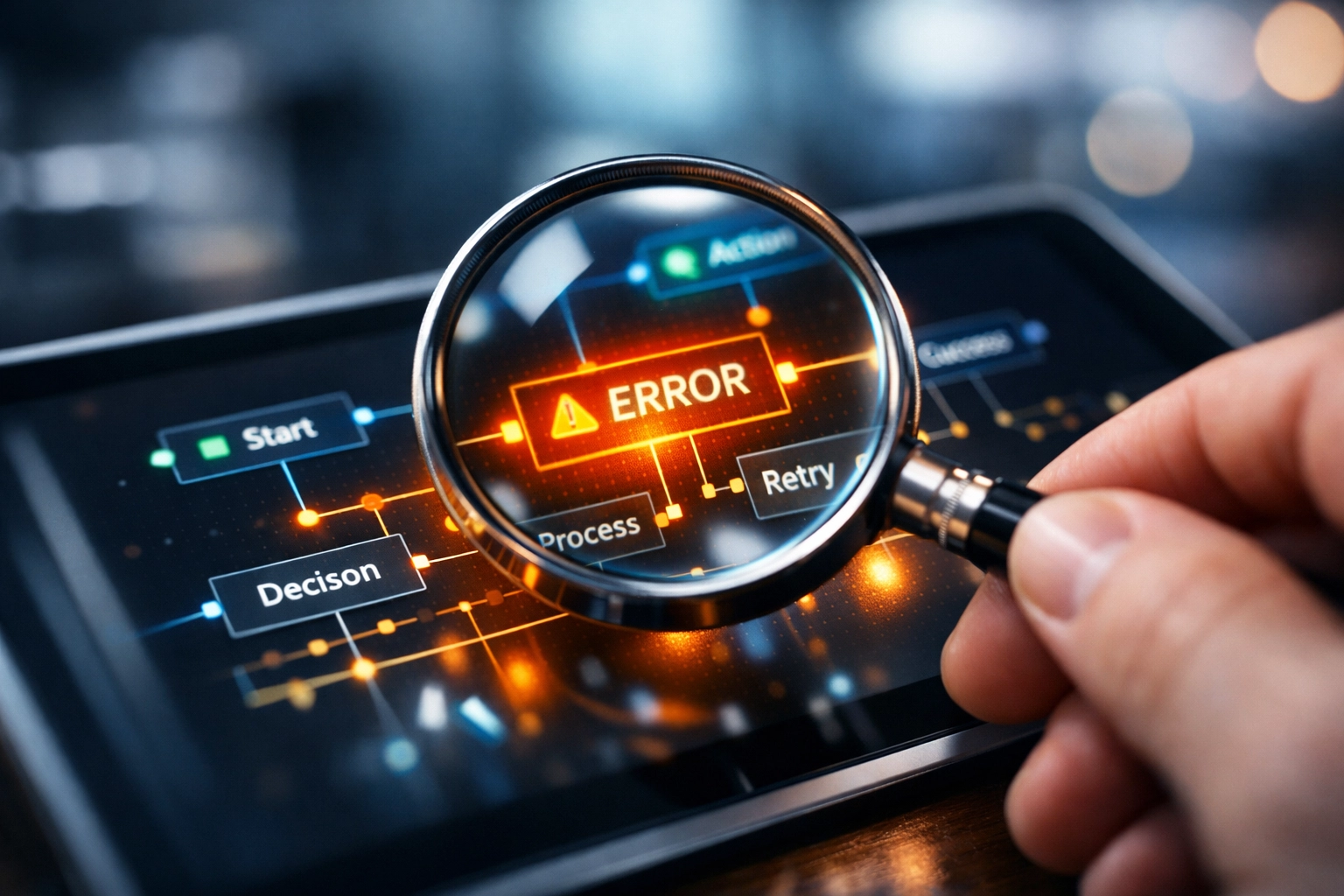 Are You Making These Common AI Automation for Small Business Mistakes? 3 Magnifying glass checking workflow automation nodes for errors to maintain human oversight in AI systems.
