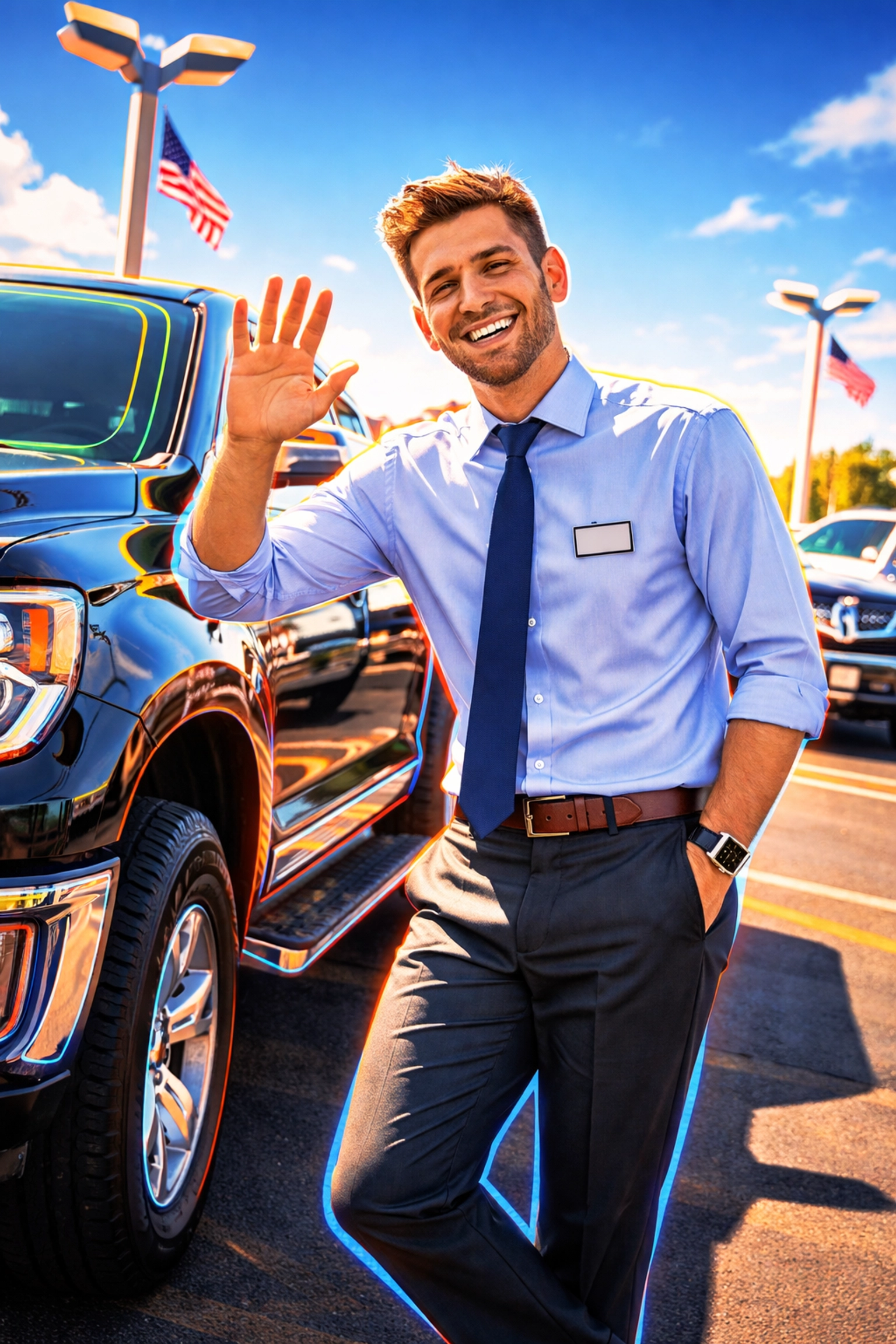 Friendly car salesman greets customers on dealership lot in Arnold MO for used cars and no-pressure sales experience.