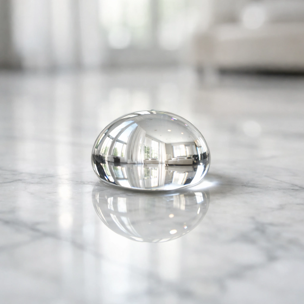 Water Droplet • Master Marble A water droplet beading on a freshly sealed and polished marble floor showing invisible stone protection • Master Marble