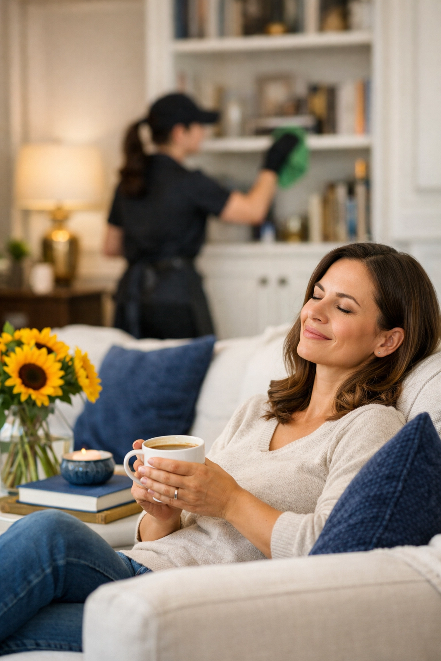 Enjoying free time in a tidy living room thanks to reliable house cleaning Worcester MA services.