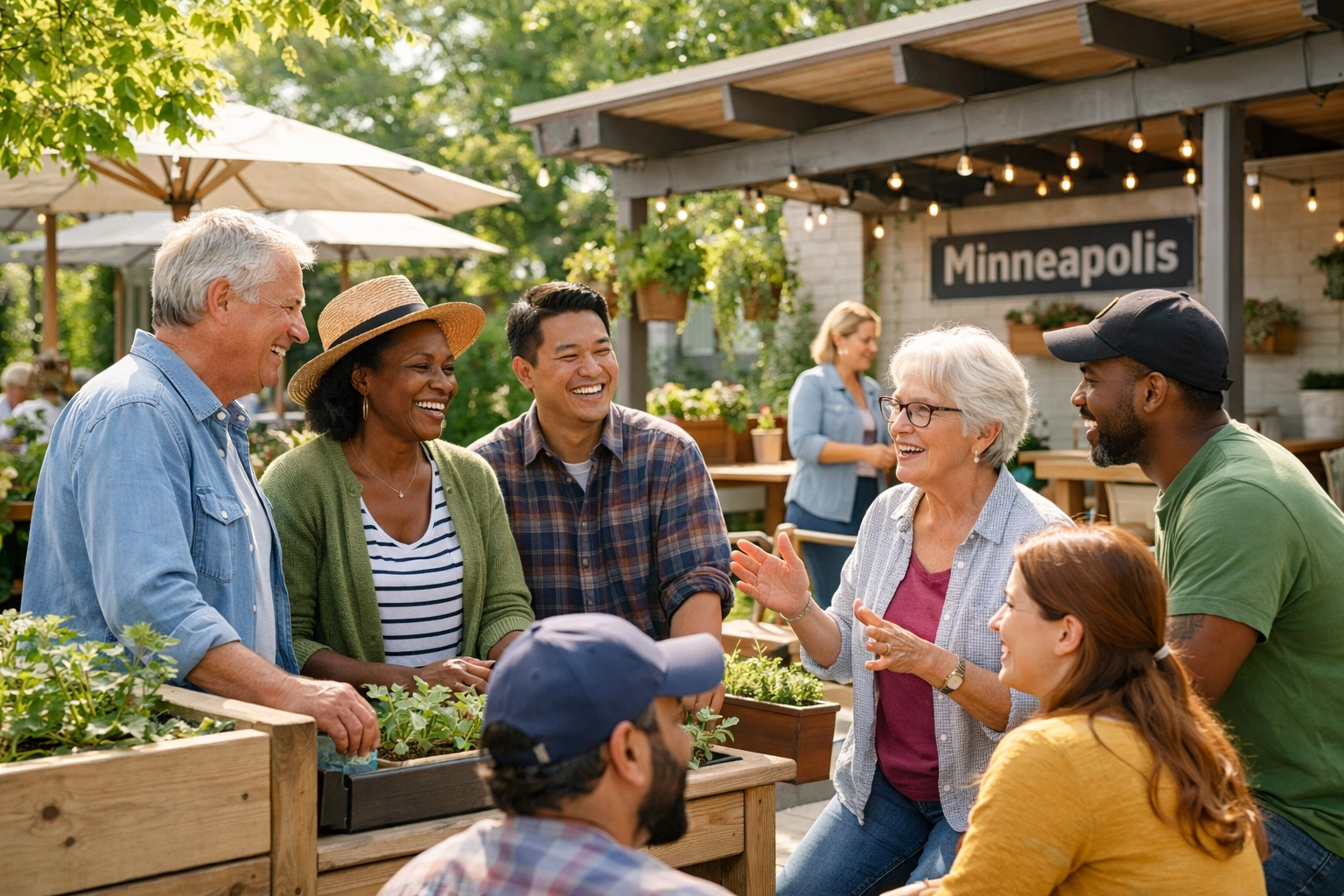 Neighbors in a Minneapolis community setting, highlighting VitalShield Insurance as a trusted local agency.