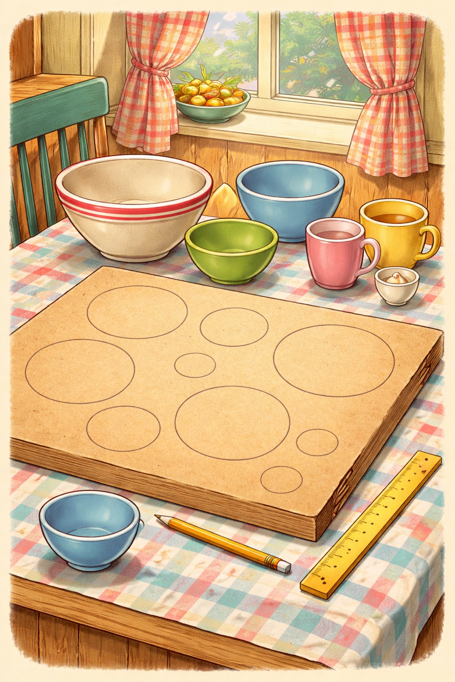 Cardboard box on craft table with traced circles, prepping for DIY bean bag toss game