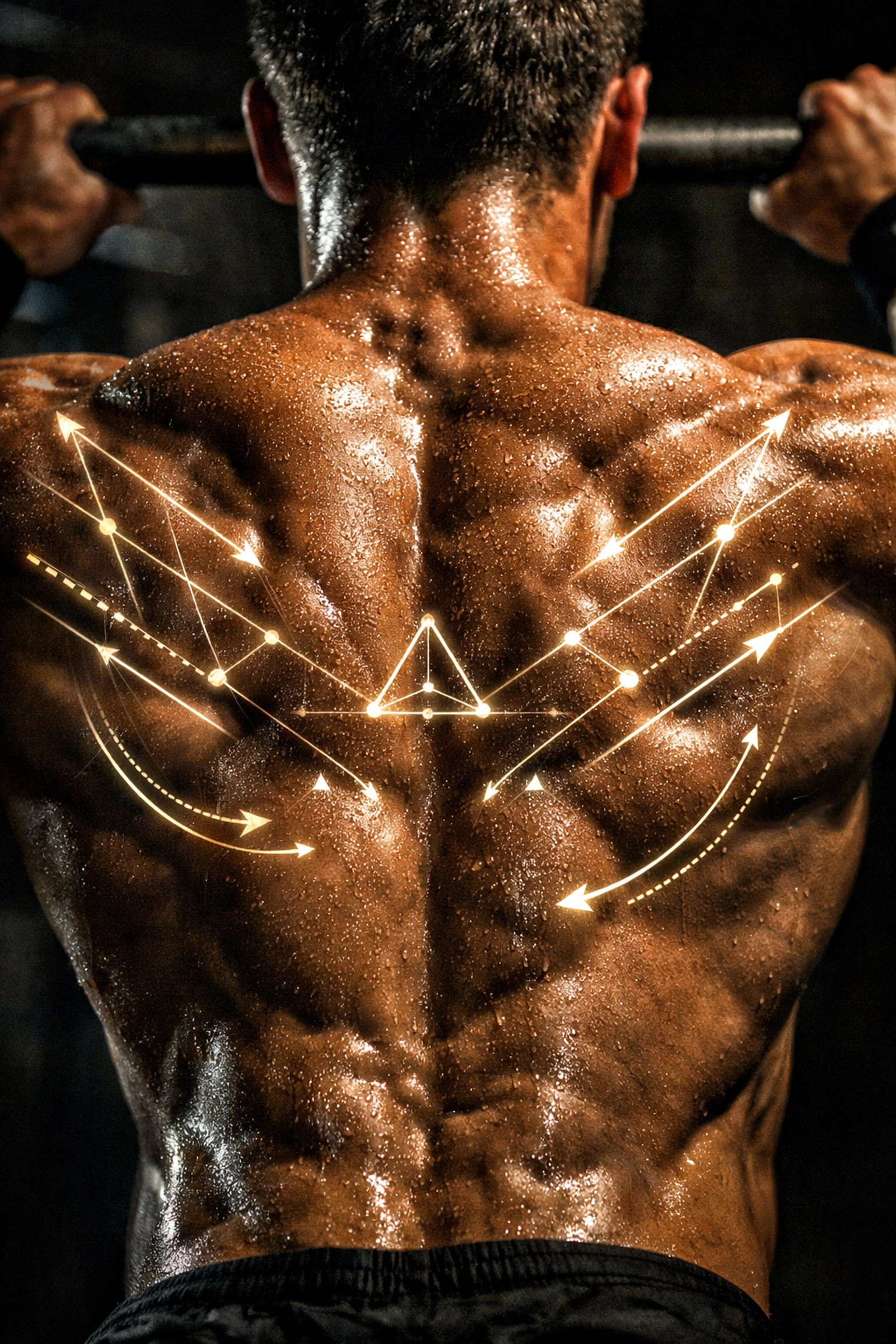 Detailed view of back muscle activation during intense resistance training at home for hypertrophy.