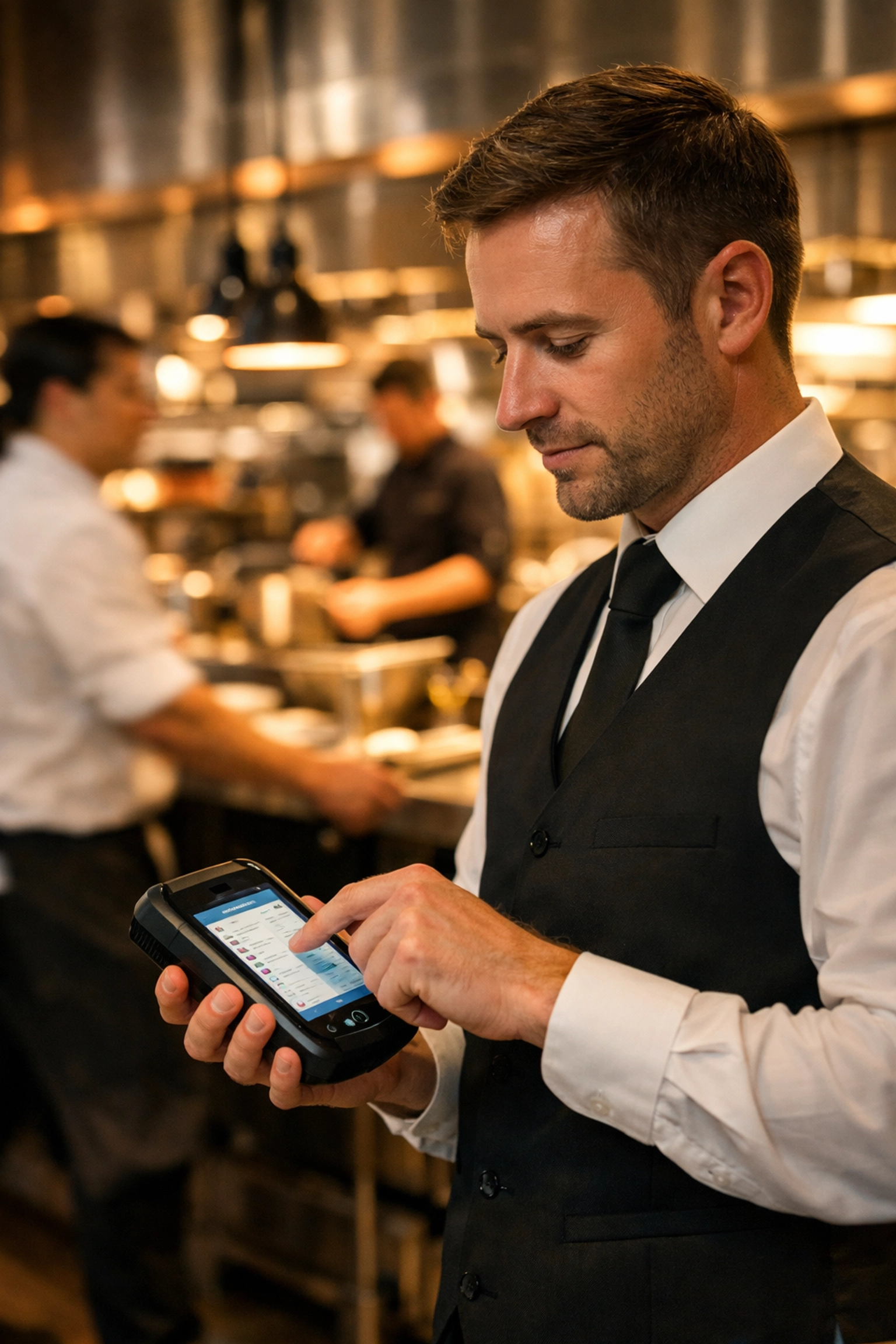 A restaurant server using a handheld pos system device for digital ordering in a busy UK eatery.