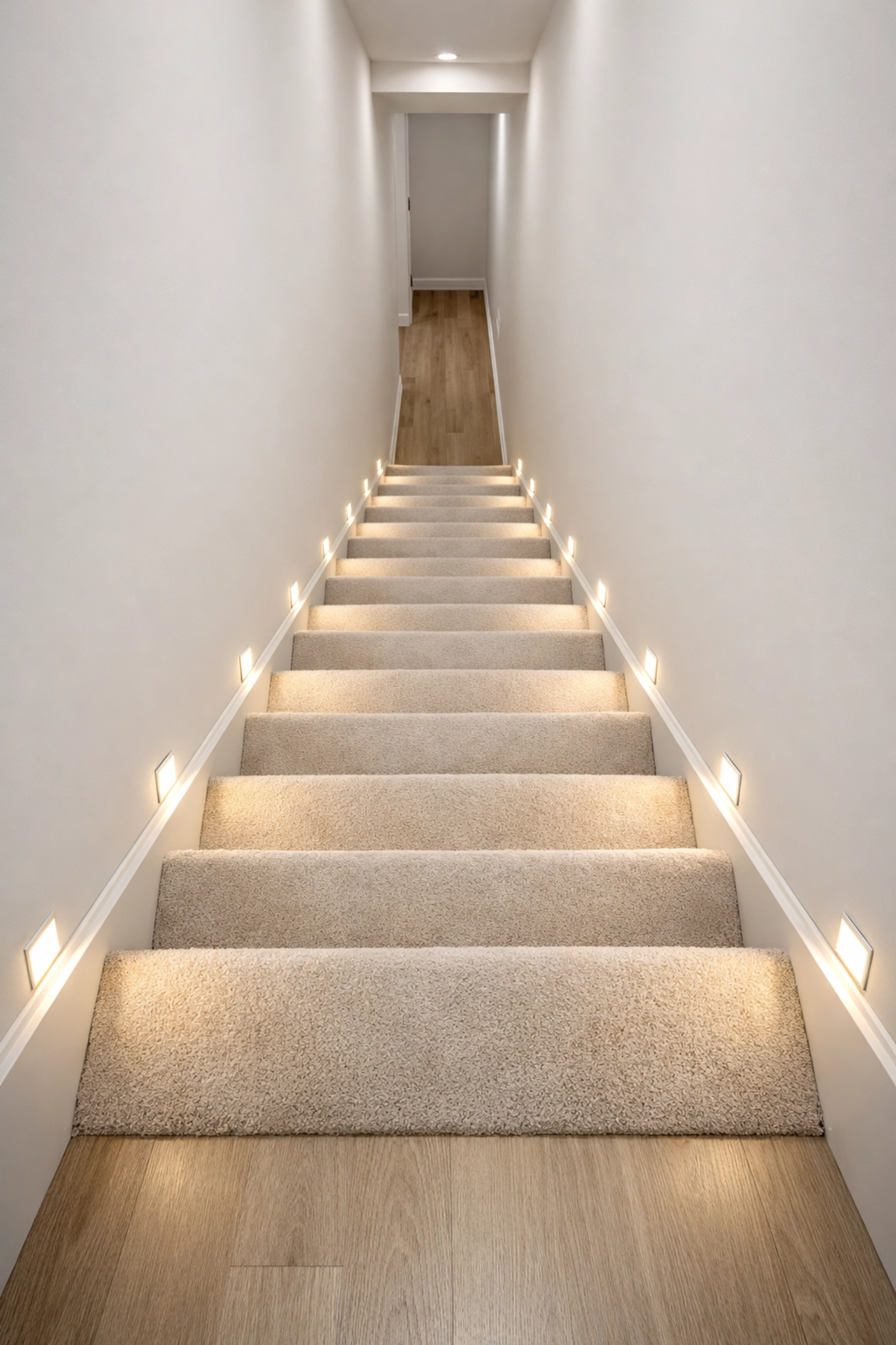 Narrow staircase illuminated by LED motion-sensor baseboard lights to eliminate shadows and prevent falls.