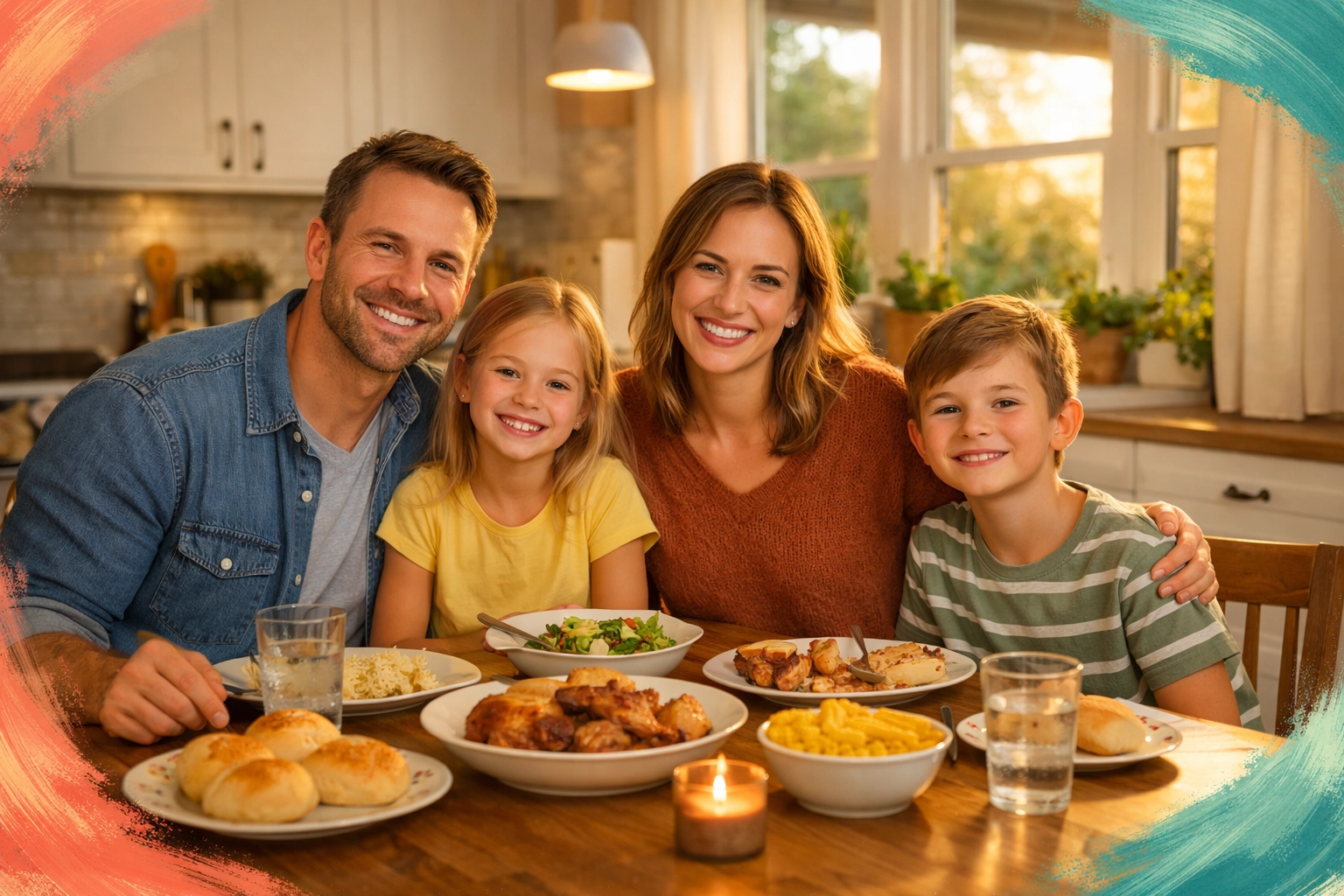 Family enjoying comfortable dinner in bright Arizona home kitchen