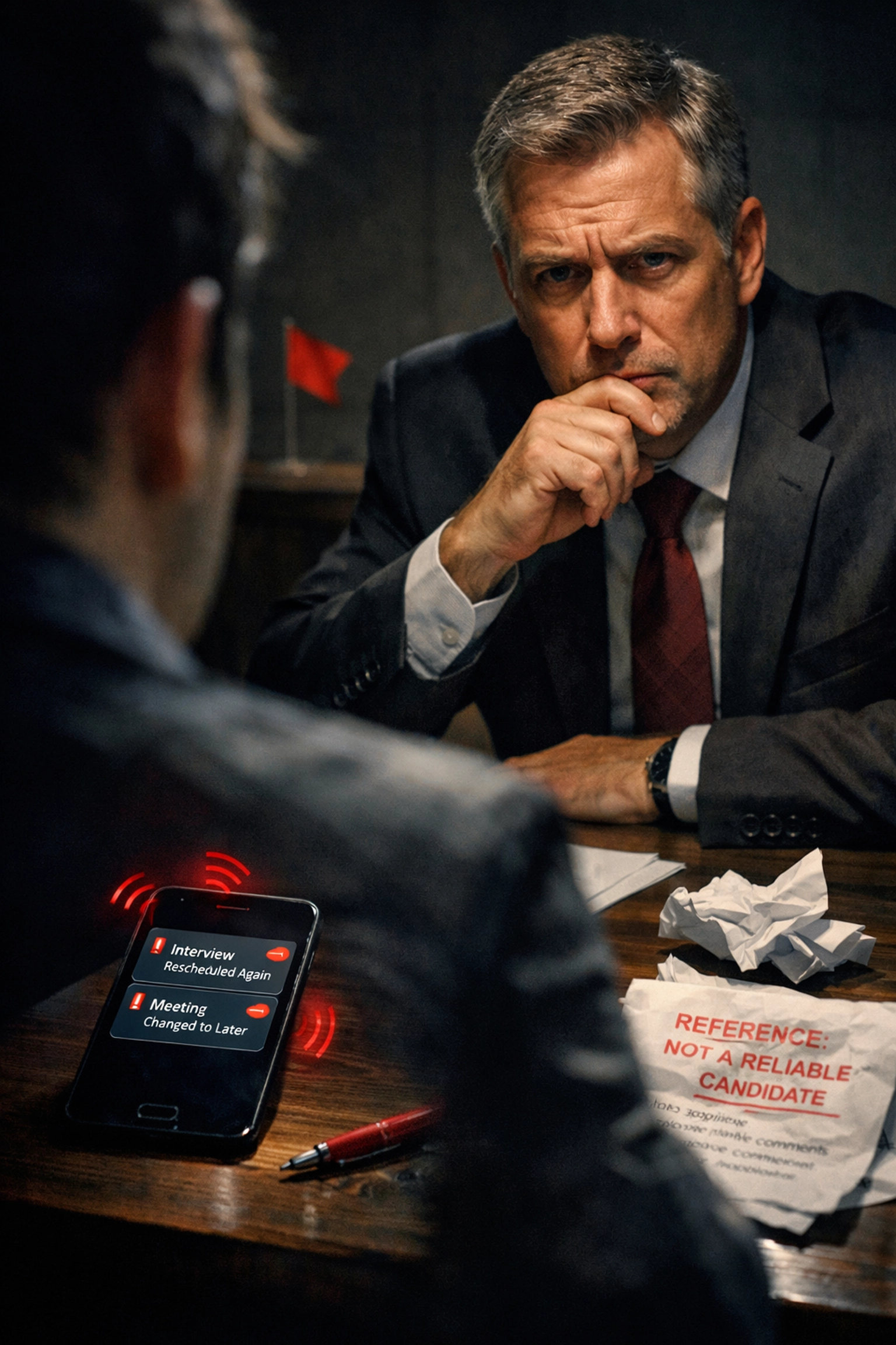 Job interview scene showing red flags during candidate screening for small business