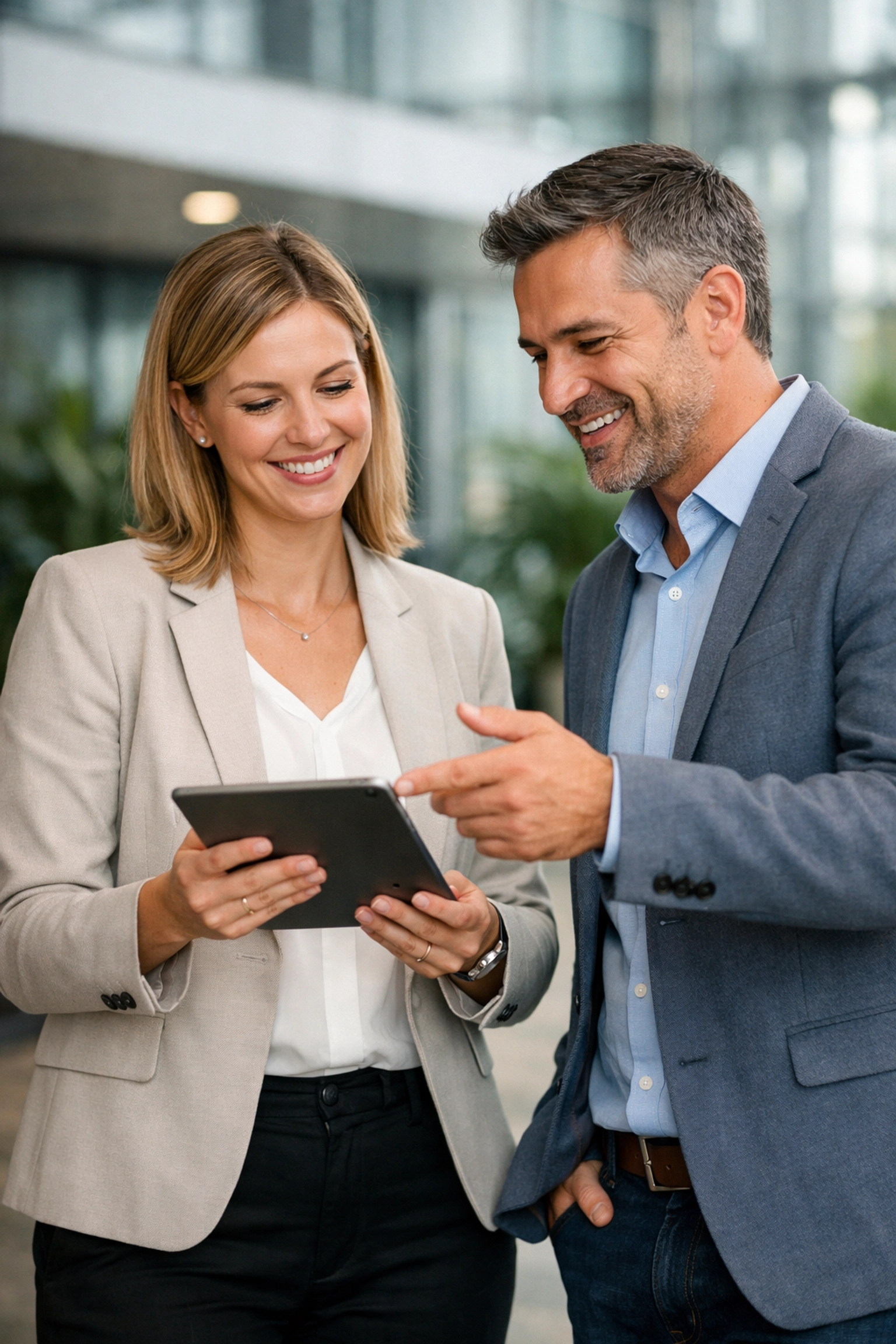 Strategic brand partnership meeting between professionals discussing automated marketing solutions.