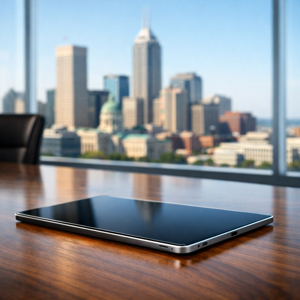 Modern tablet on a conference table with Indianapolis skyline views, used for tracking office cleaning.