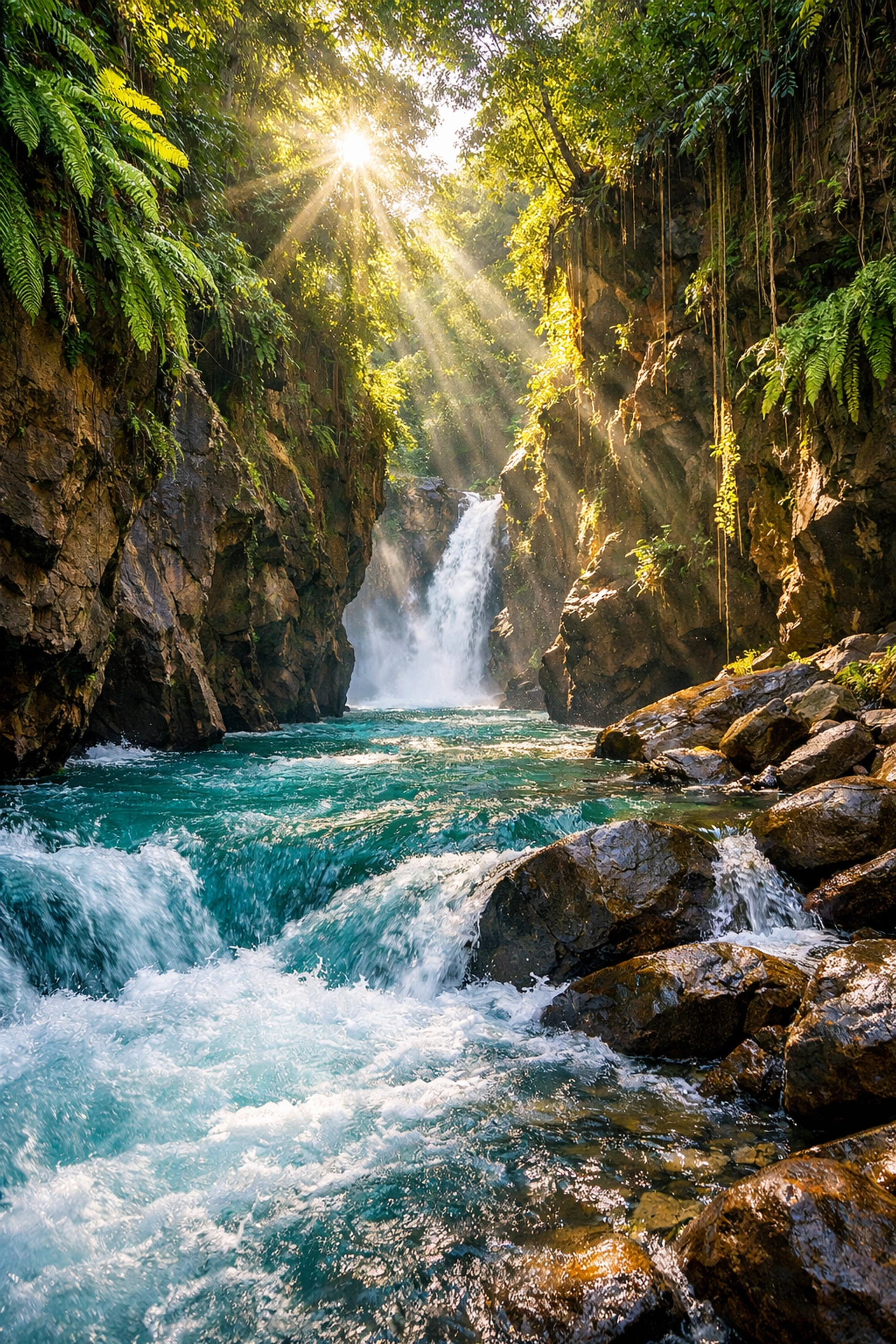 The stunning turquoise waters of La Leona Waterfall in the lush Costa Rican rainforest near Liberia.