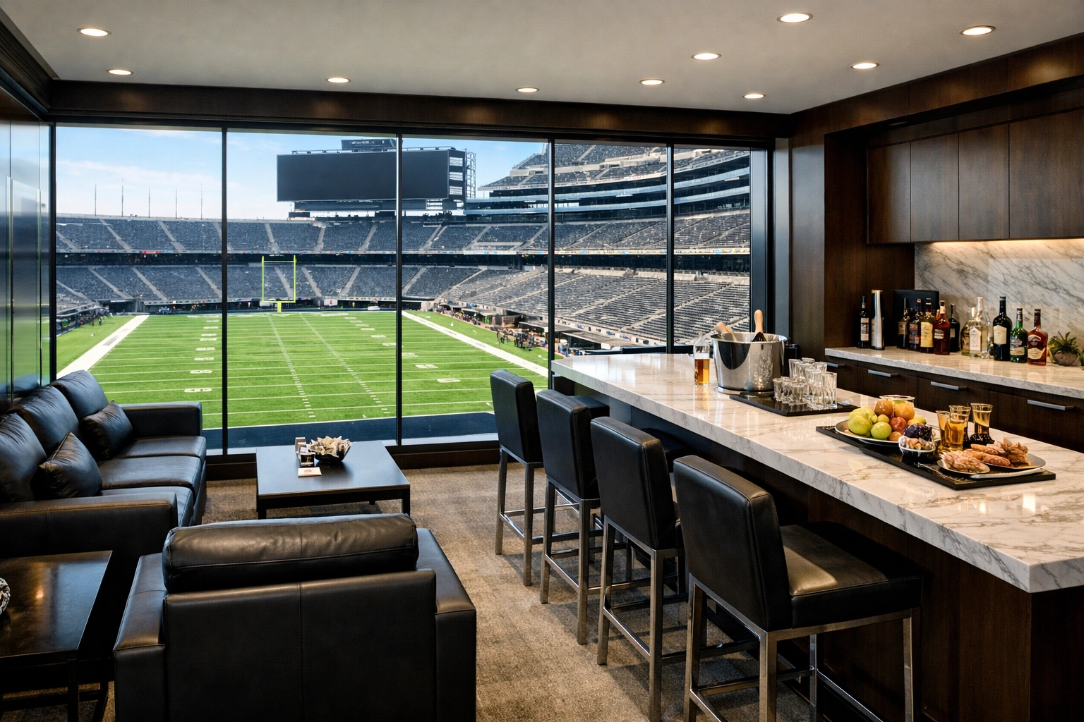 Luxury stadium suite overlooking the football field for executive Super Bowl hosting.