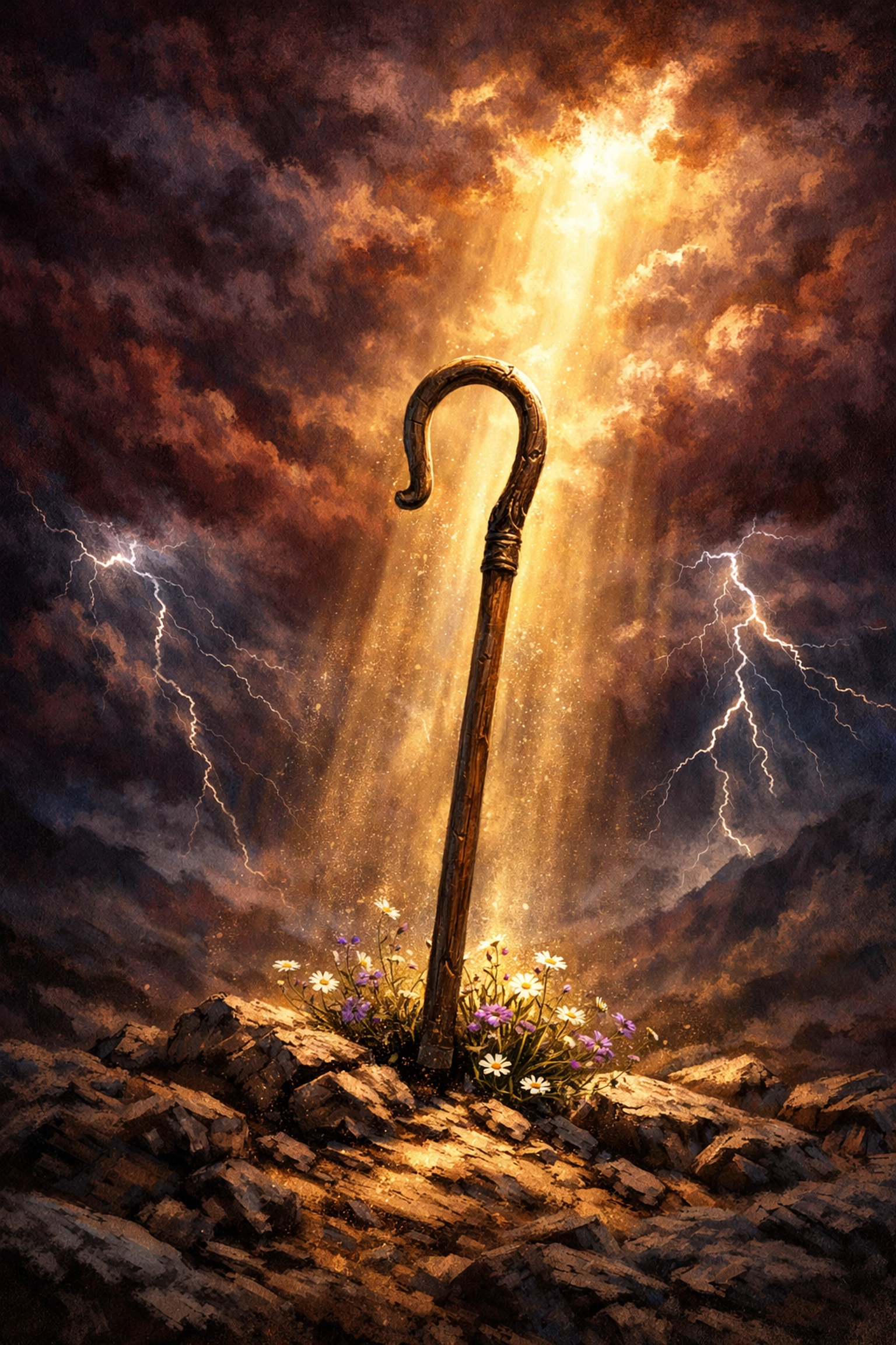 Shepherd's staff with light breaking through storm clouds symbolizing Christ's steady presence