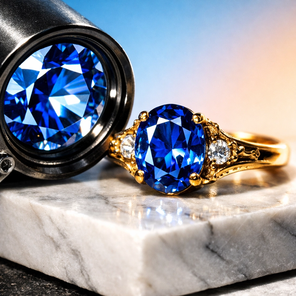Detailed macro view of a vintage sapphire ring being inspected before buying jewelry at auction.