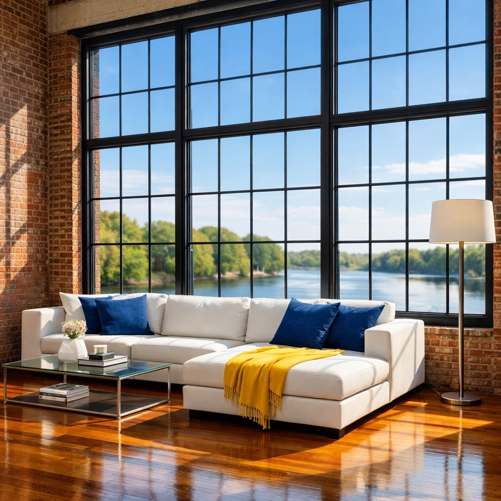 Spotless modern loft in a historic Lowell mill reflecting high-quality house cleaning Lowell MA results.