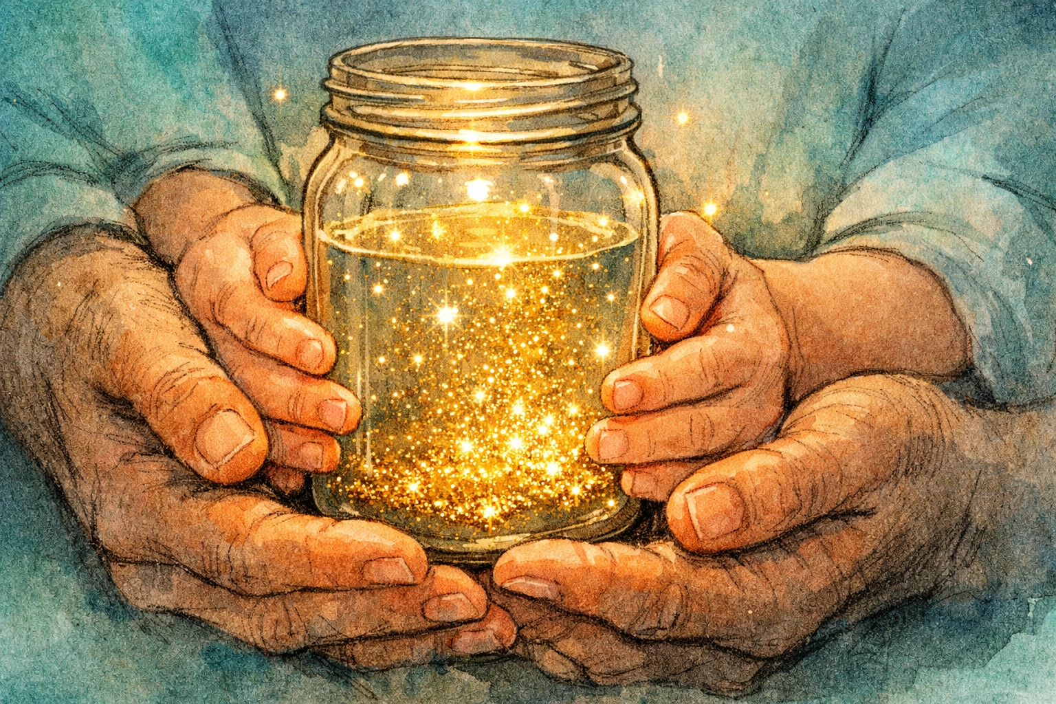 Parent and child hands holding a glowing peace jar with settling glitter, a faith-based bonding activity.