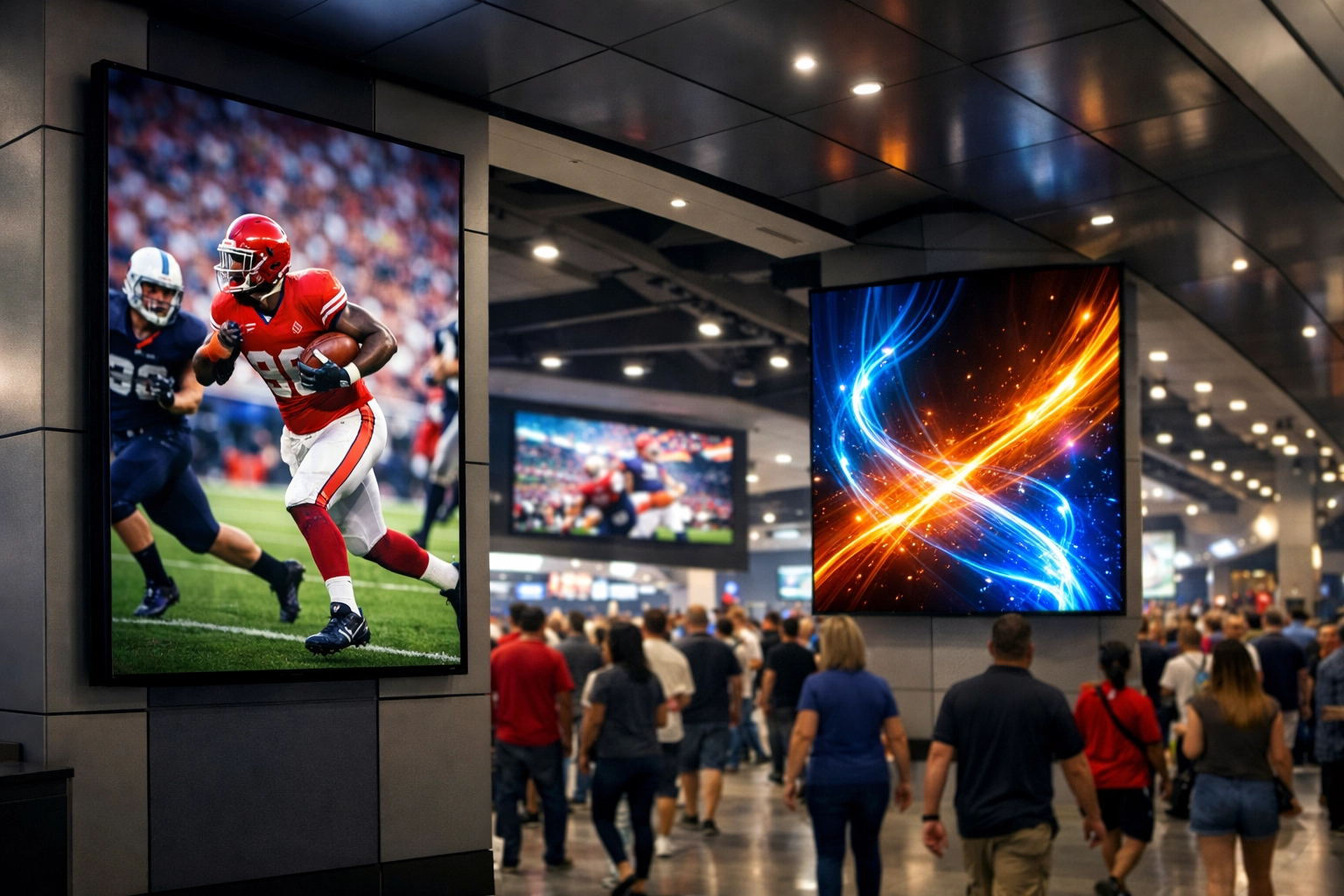 Innovative digital signage in a modern stadium concourse designed for real-time venue asset monetization.