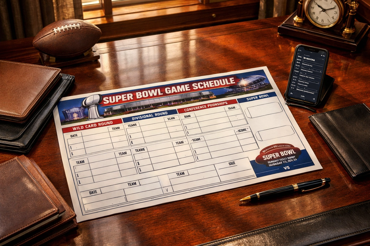 NEWSLETTER: Stop Losing Million-Dollar Deals at the Super Bowl: 5 Networking Strategies That Actually Work Executive desk with Super Bowl networking schedule and planning materials for strategic business positioning