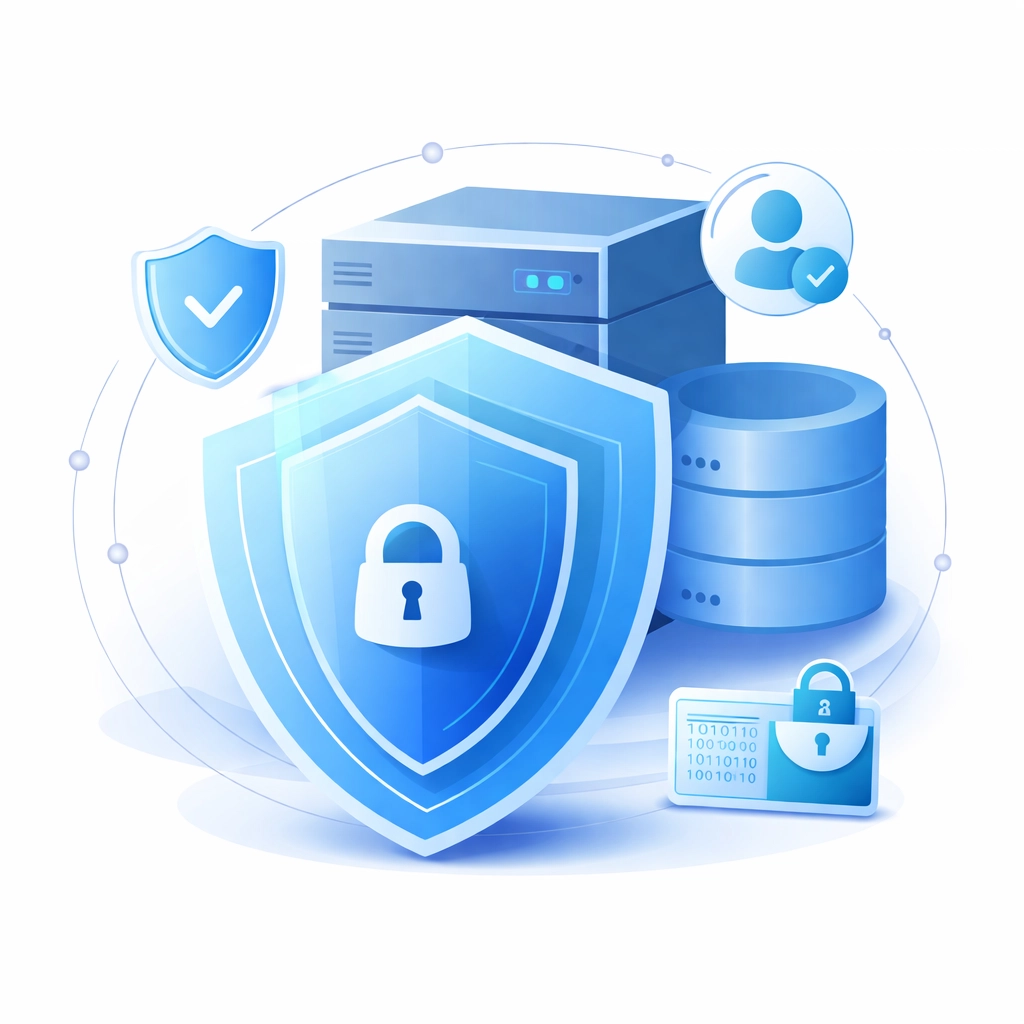 Illustration of layered blue shields before server and database, symbolizing comprehensive website security