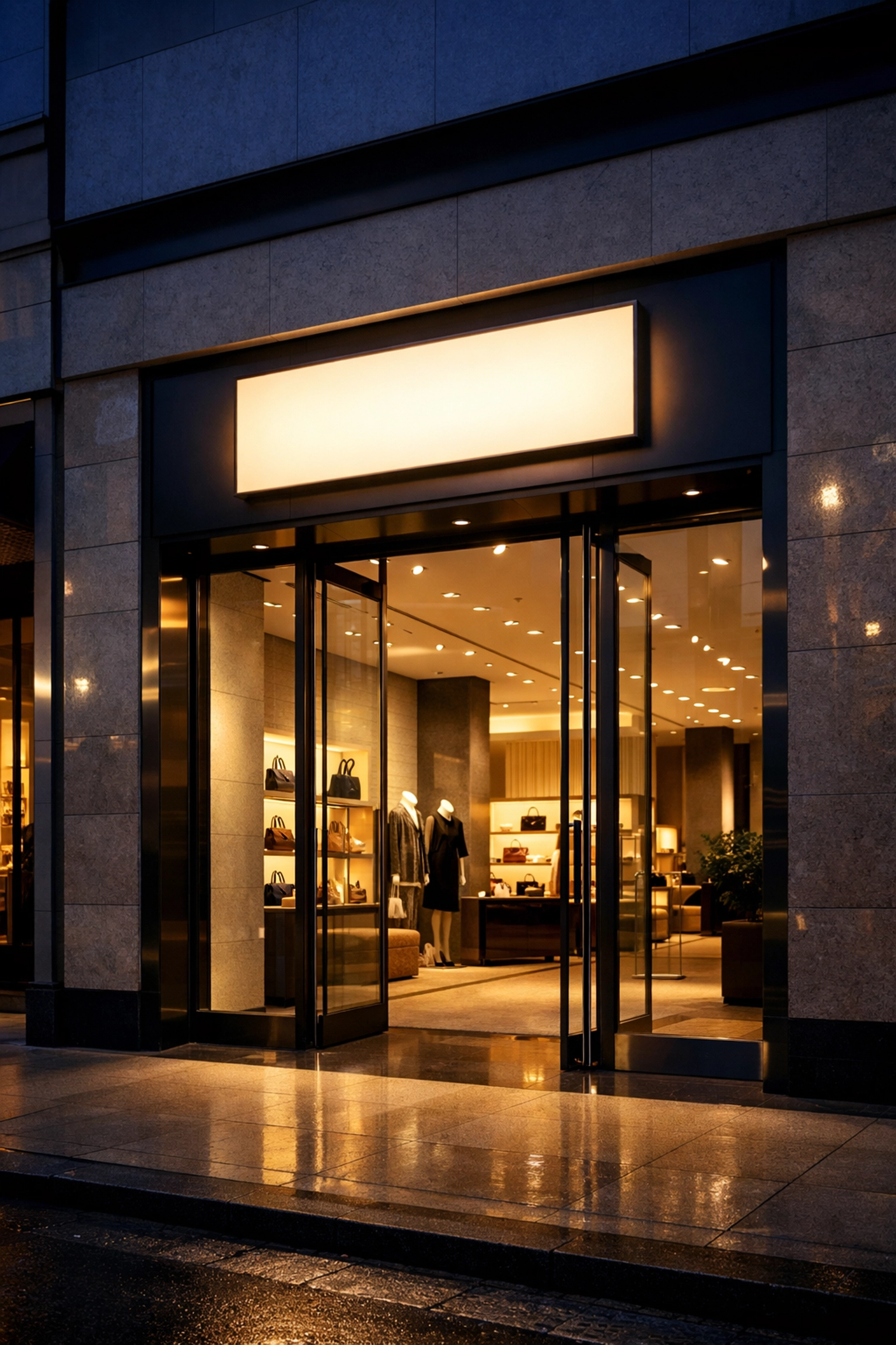 Minimalist backlit storefront sign on a luxury boutique highlighting clean design and readability.