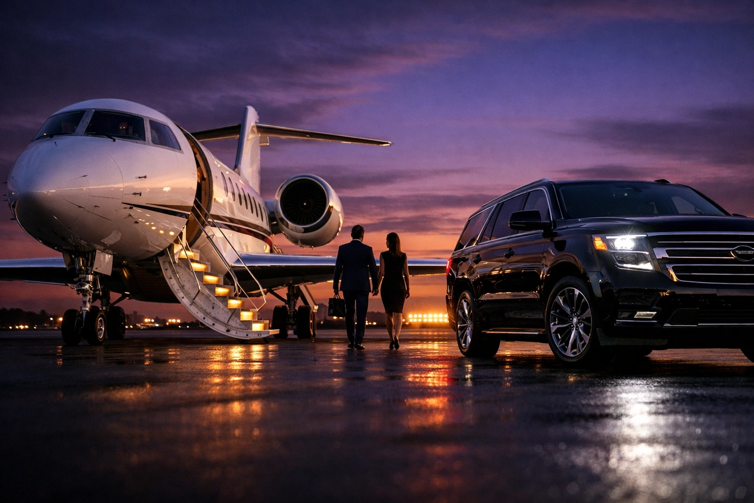 Executive private jet and luxury SUV transport for VIP corporate travel and Super Bowl hospitality.