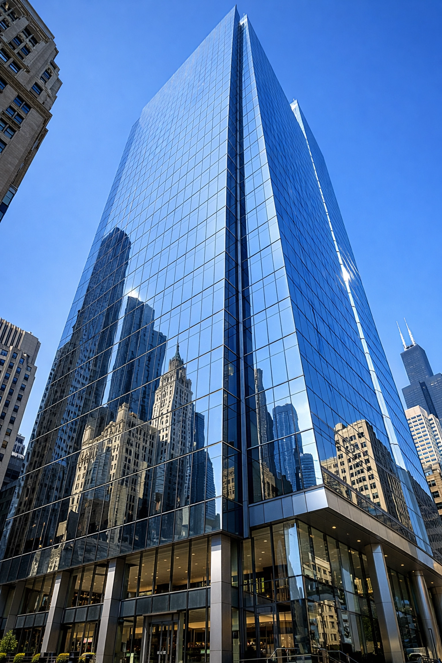 Modern Chicago office tower reflecting city skyline, illustrating scaled commercial property management.