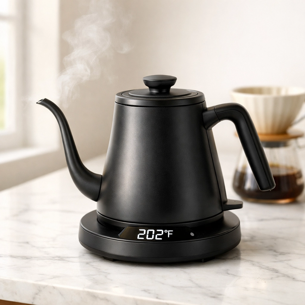 Gooseneck kettle with temperature control for precise pour-over coffee brewing at home
