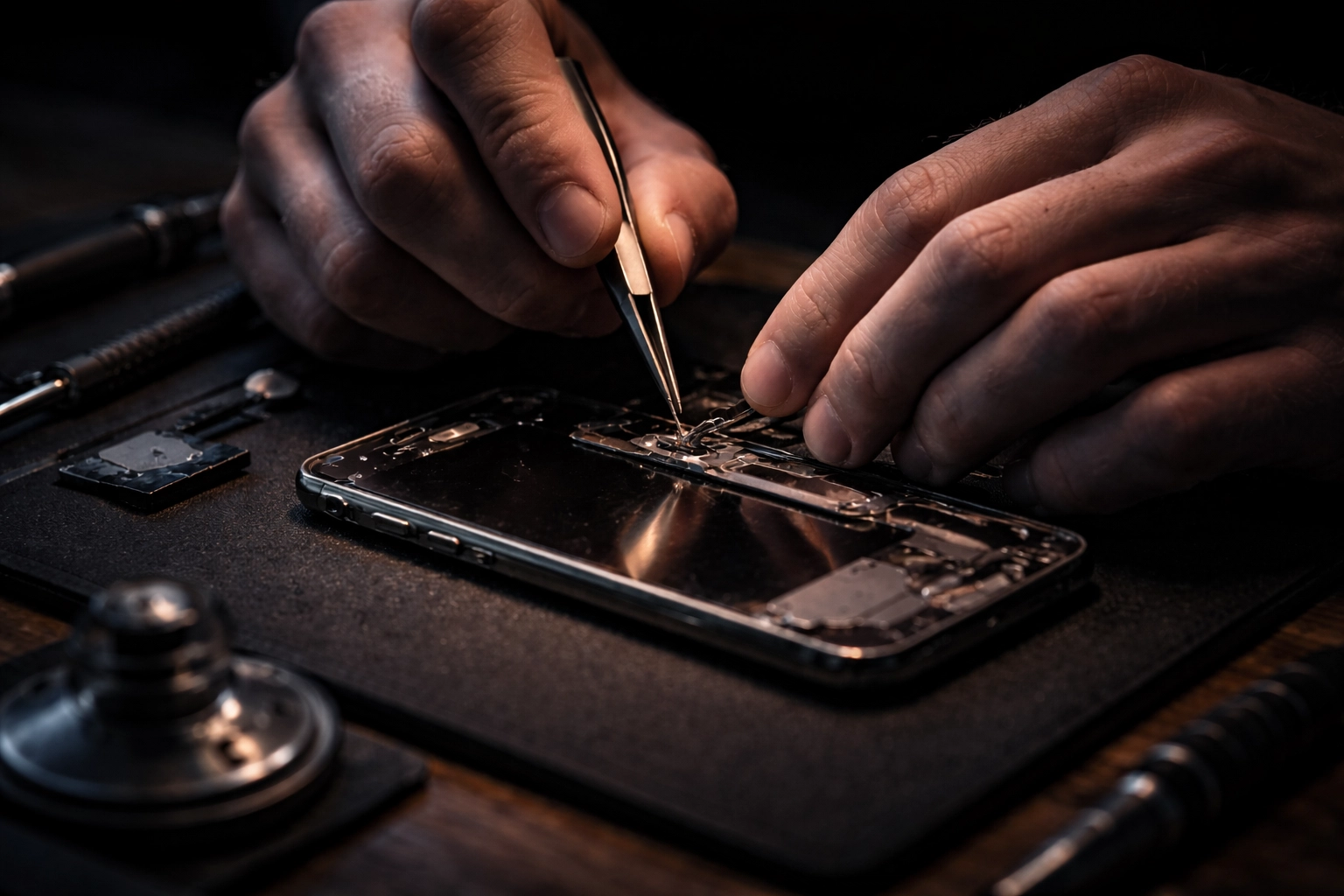 Macro close-up of hands repairing an iPhone screen with precision tools and glass detail, showing premium mobile repair quality.