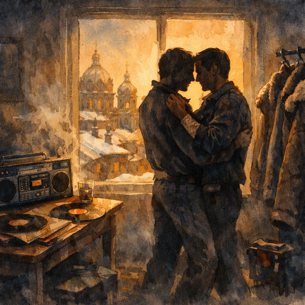 Two men dance together at a clandestine St. Petersburg tematika party during the 1980s