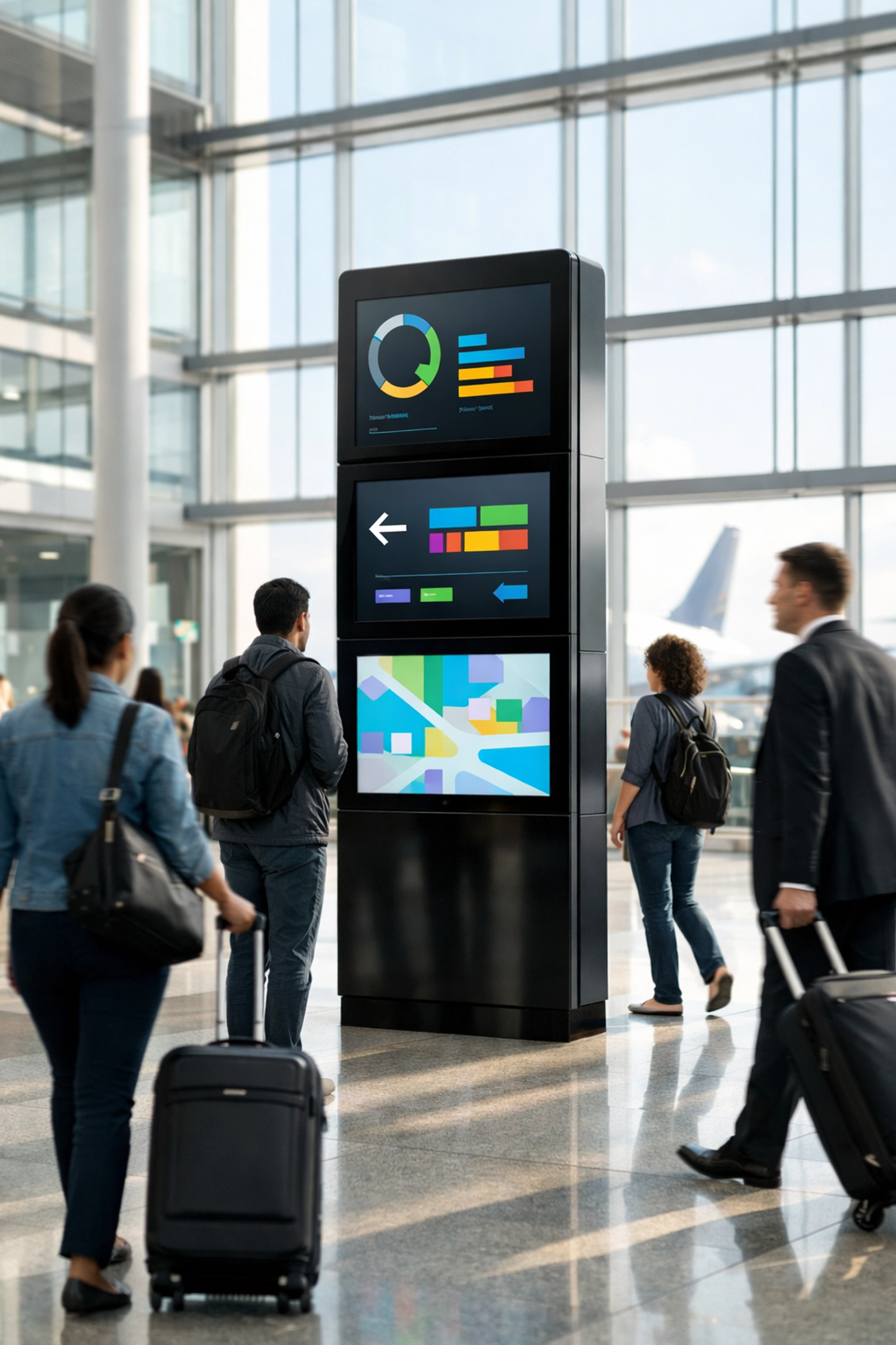 Modern airport travelers using digital media displays illustrating the traveler journey impact.