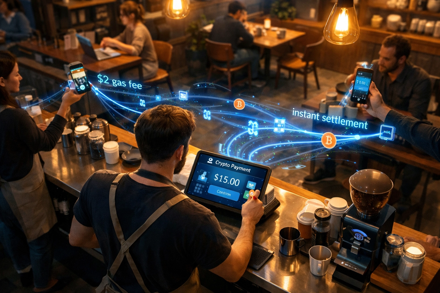 Coffee shop merchant accepting Web3 crypto payments with instant blockchain settlement