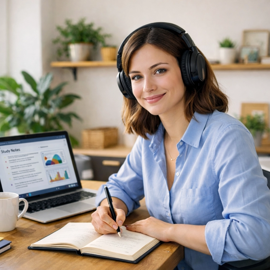 Professional woman studying for CLEP exam at home office desk with headphones (1x1, center safe zone)