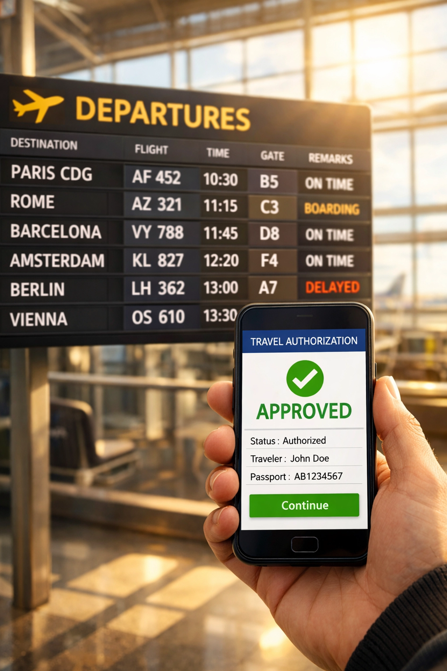 Traveler checking ETIAS authorization on smartphone at airport with European destinations on departure board