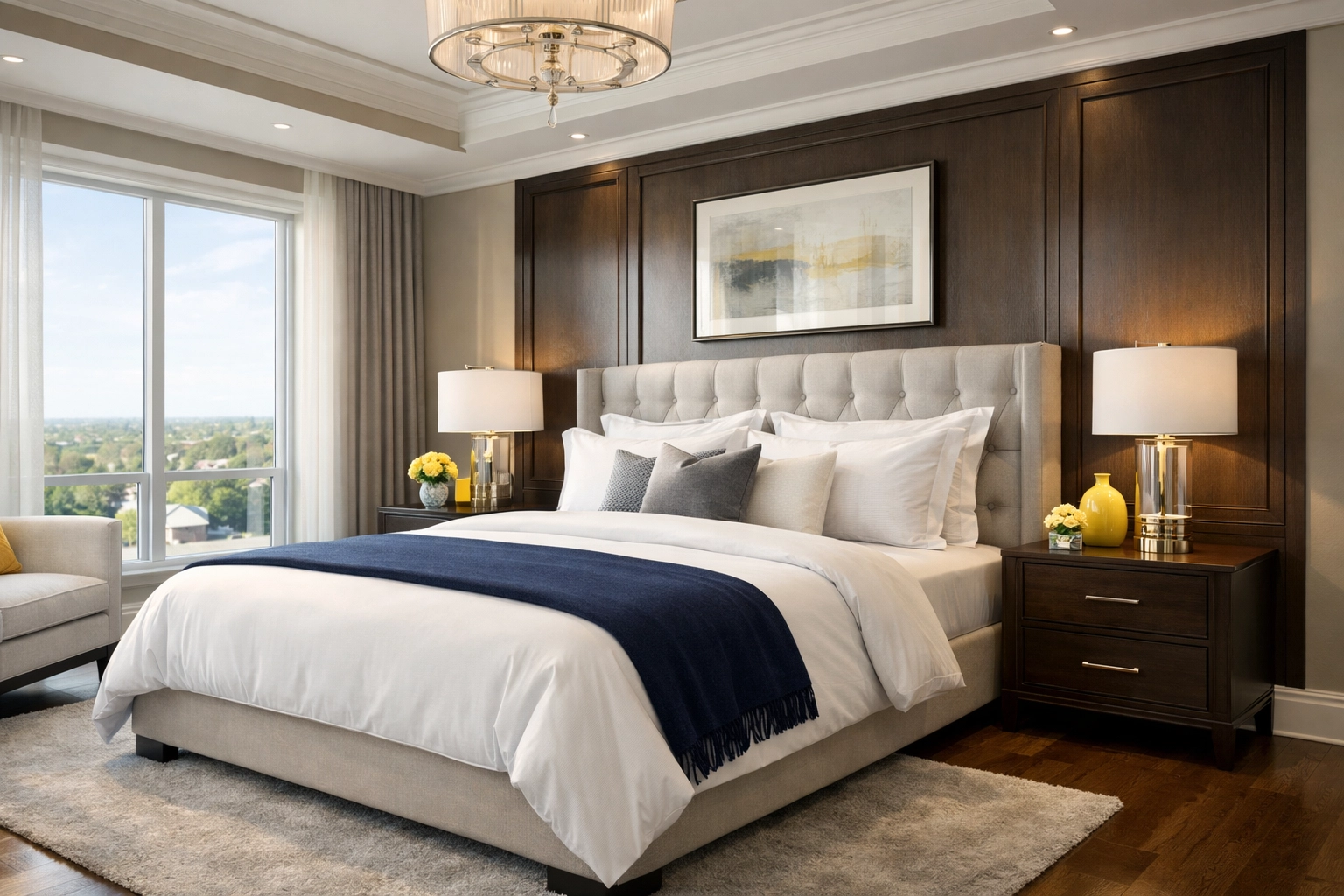 Master bedroom with polished surfaces and fresh linens after a deep house cleaning Franklin MA mission.