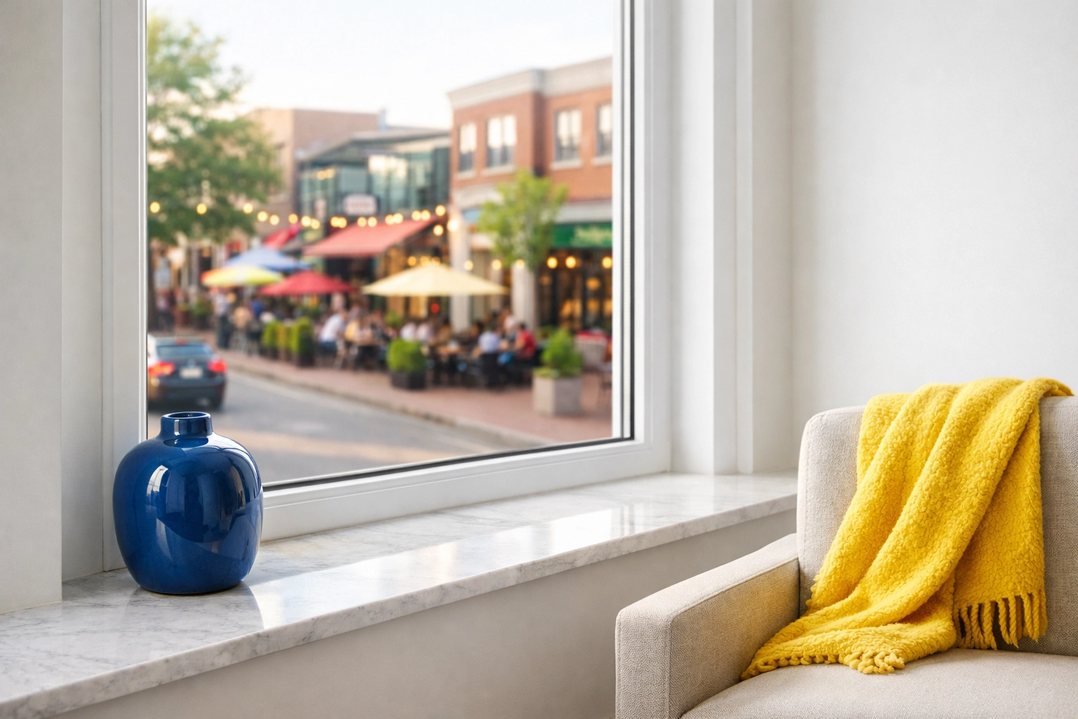 A spotless window and clean white walls in a luxury Worcester apartment overlooking Shrewsbury Street.