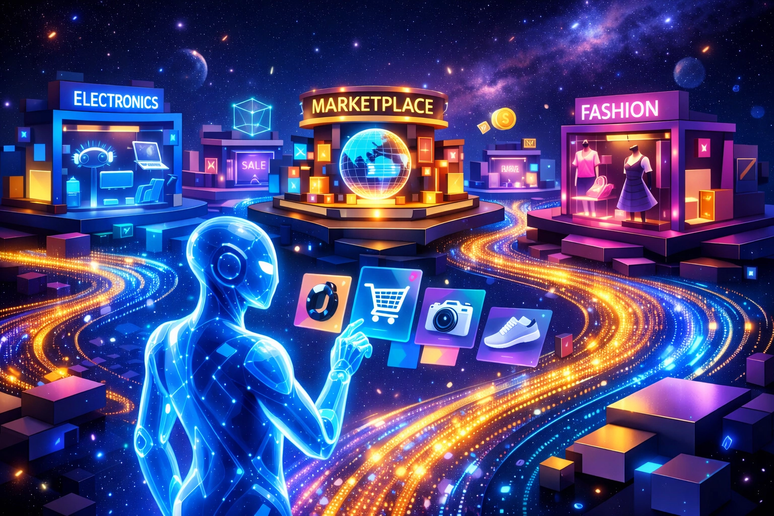 AI shopping agent browsing metaverse marketplace with digital storefronts and Web3 commerce